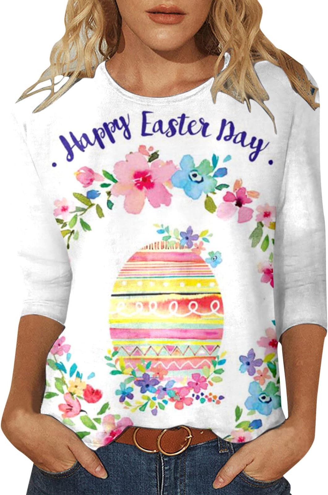 CeluckeEaster Day T Shirts for Women UK, Women's Three Quarter Sleeve Tops Pleated Round Neck Shirts Elegant Graphic Print Loose Fit Casual Cotton Lightweight Blouse