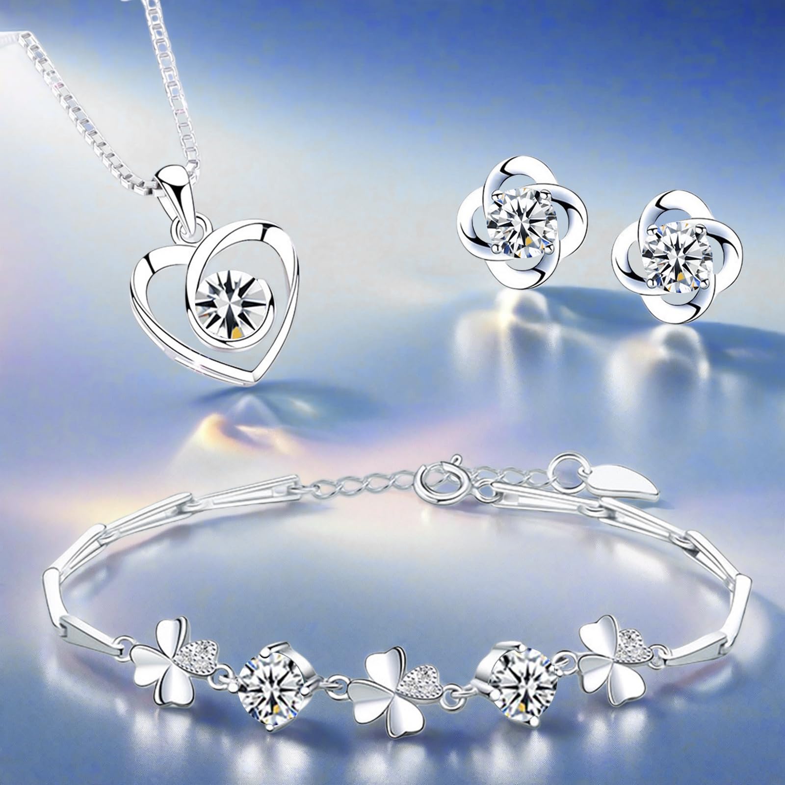 Juego de joyas de plata para mujer, pendientes de tuerca de plata de ley 925, collar y pulsera con circonita cúbica 5A, colgante de corazón, juego de joyas de trébol, regalo para Navidad,