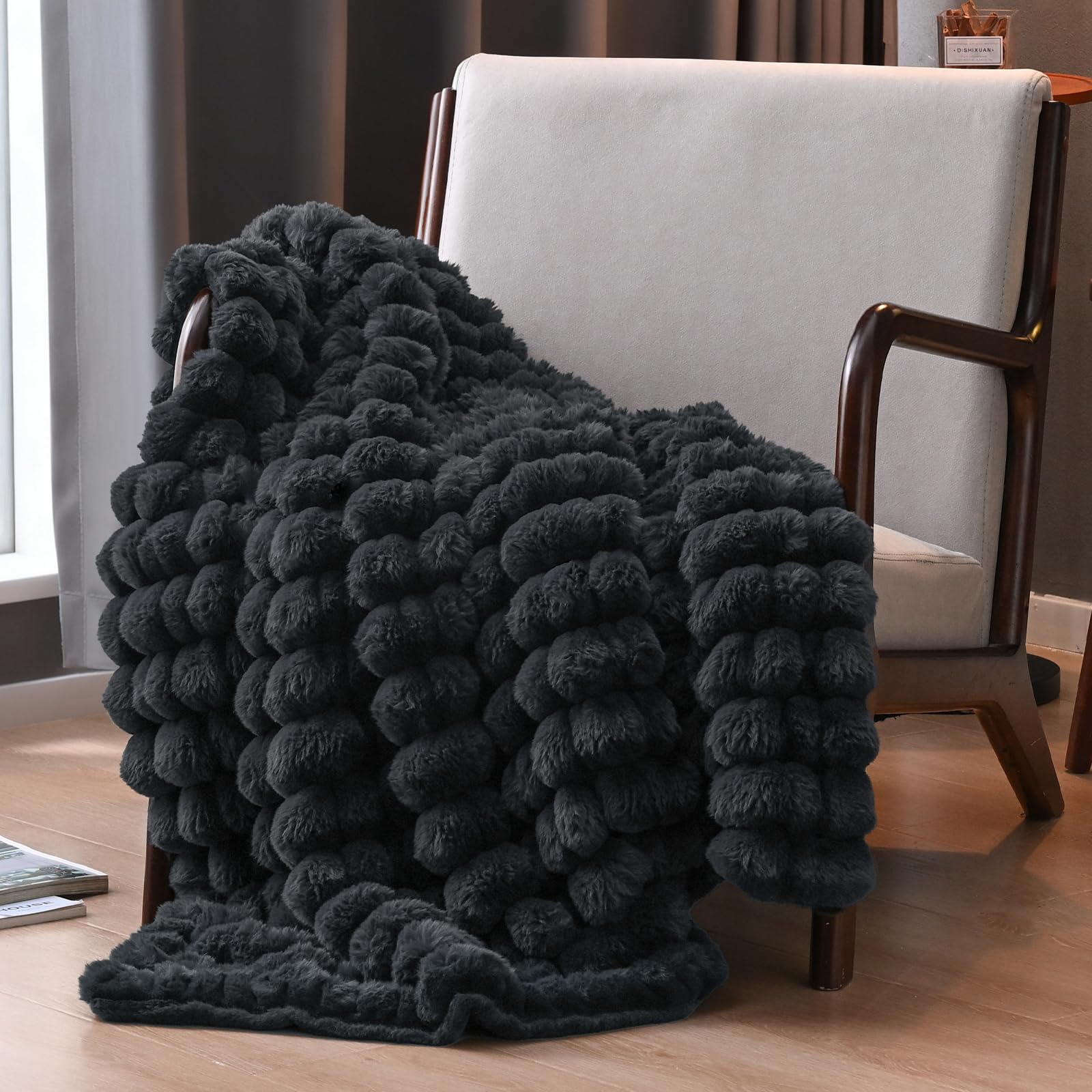 david's home reversible faux rabbit fur throw blanket, luxury soft thick shaggy warm fuzzy bubble for couch, bed, cozy plush fluffy decor for fall winter,black oyster,50 "* 60"