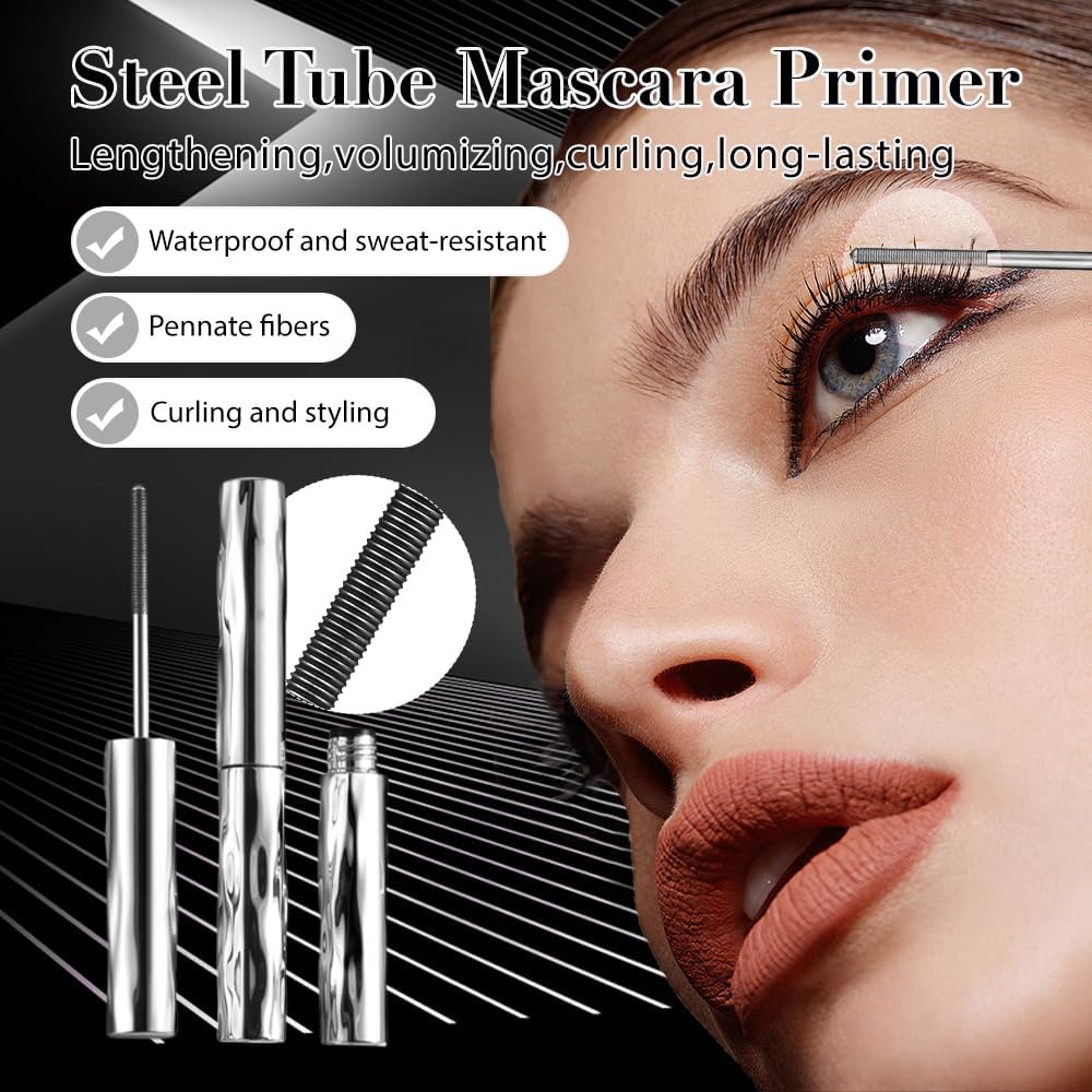 Wimperngrundierung mit Stahlrohr, natürliche, wischfeste, lang anhaltende Wimperntusche mit Gewinde für einen verdichtenden Effekt, wasserfeste 3D-Wimperntusche mit Curling-Eisen (1PC,Black)