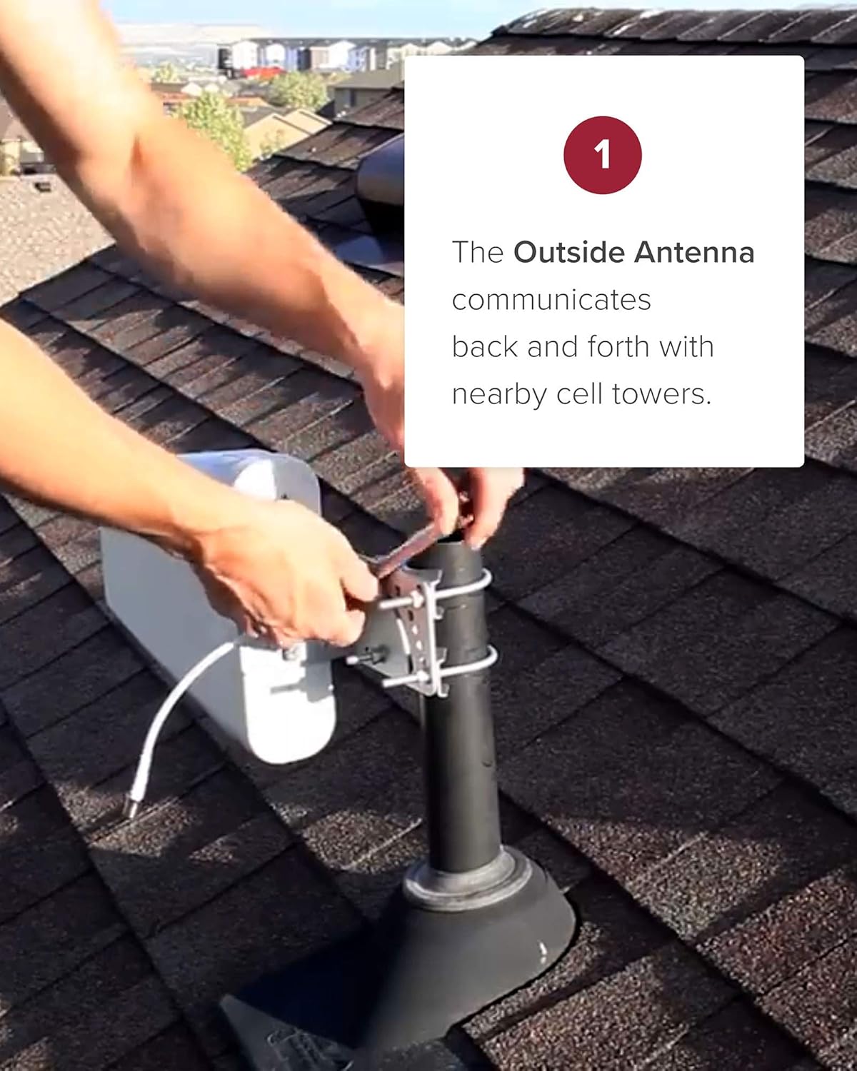 Person installing the weBoost Home Studio outside antenna on a roof pipe