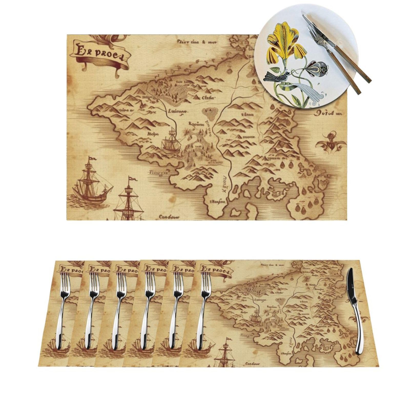 Set de table tissé vintage carte au trésor lot de 6 antidérapant pour cuisine 30 cm