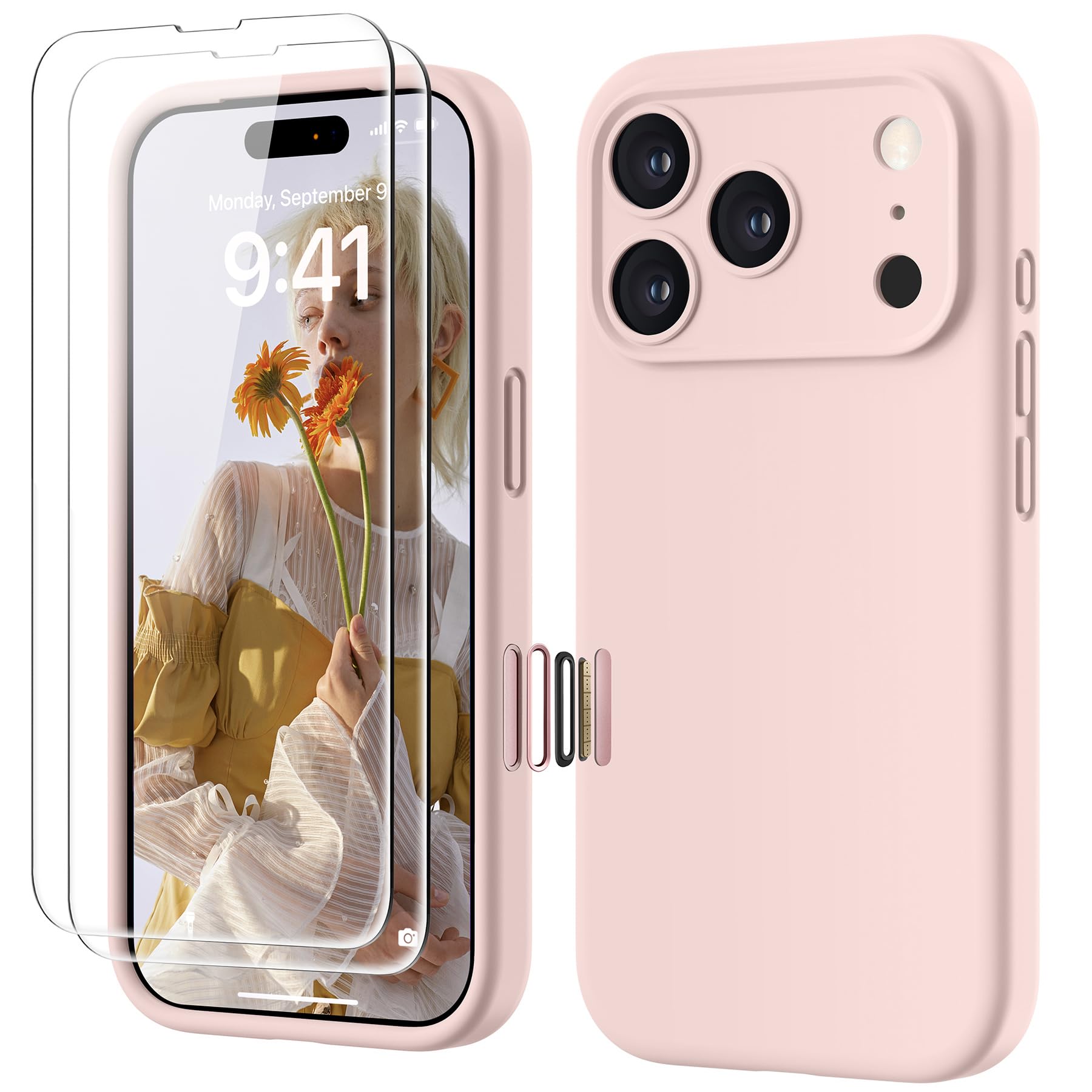 GOODVISH Silicone Cover per iPhone 17 Pro 6.3", Custodia con 2x Vetro Temperato [Pulsante Controllo Fotocamera] 360° Protezione Anticaduta Case per Cellulare Antiurto Resistente, Rosa Sabbia