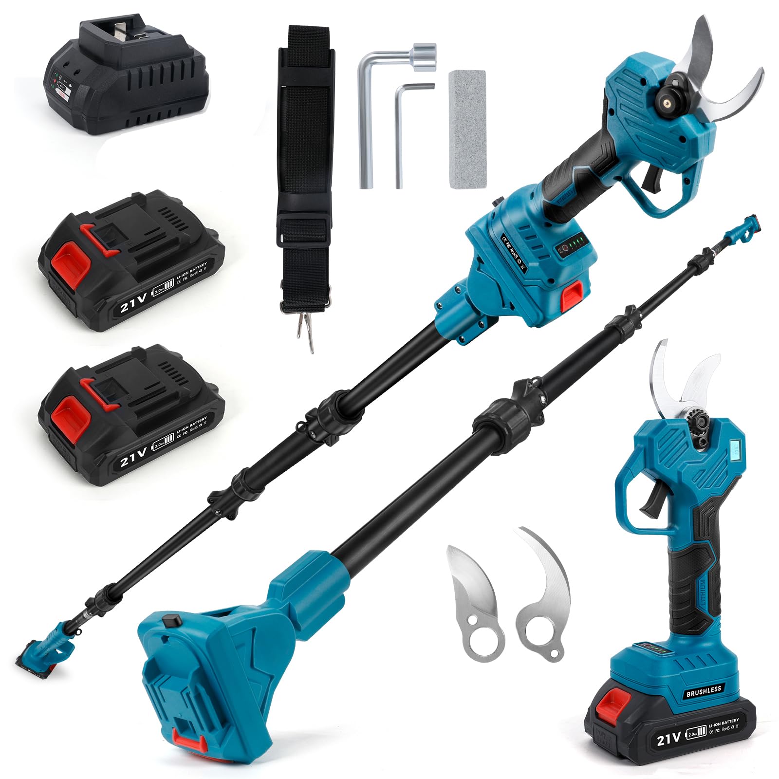 Astschere mit 8ft Verlängerungsstange+2x 2000mah Batterie, Max. Öffnung 57 mm, 40 mm Schnittdurchmesser, LCD Display Elektrische Gartenschere für Äste, Blumen