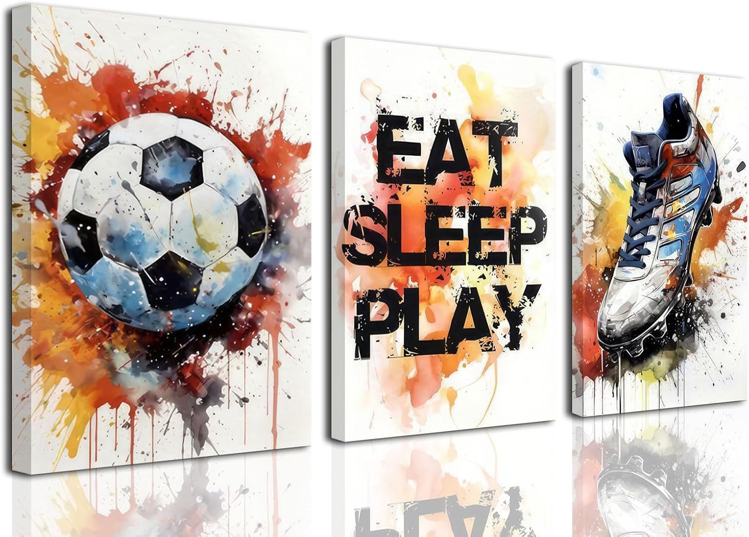 TBKHUDBI Graffiti Soccer Canvas Wall Art Sports Colorful Painting Picture Football Sneaker Gaming Posters Decor Prints Set of 3 for Teen Boys Room Kids Playroom Bedroom 16"x24" Framed Graffiti Soccer 16"x24" Canvas