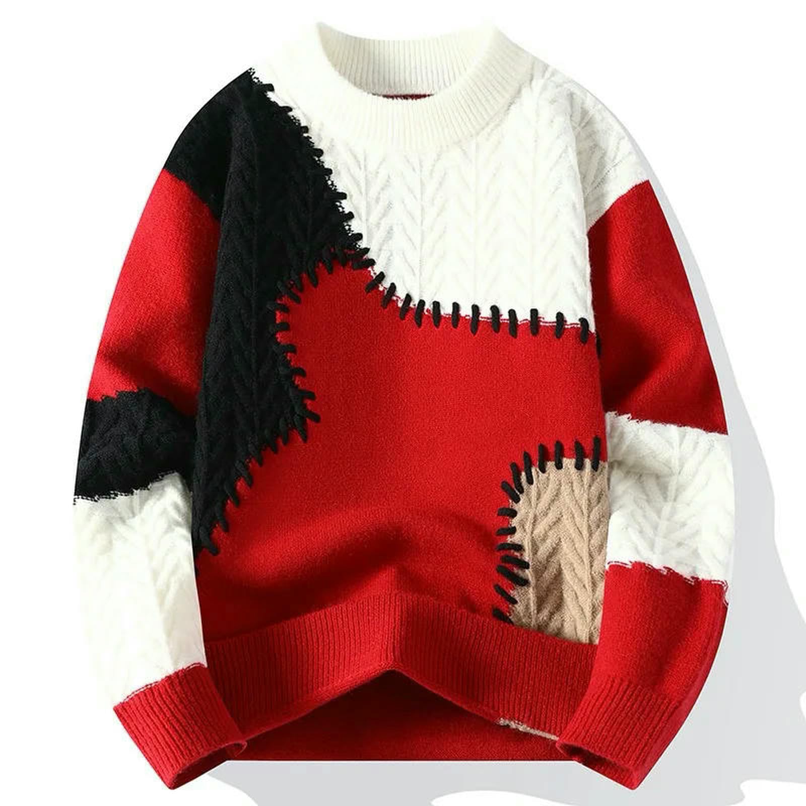 Maglione Uomo Moda Invernale Patchwork Pullover Casual in Maglia Spesso Caldo Harajuku Maglioni Lavorati A Larghi O-Collo Streetwear Uomo-Rosso-l