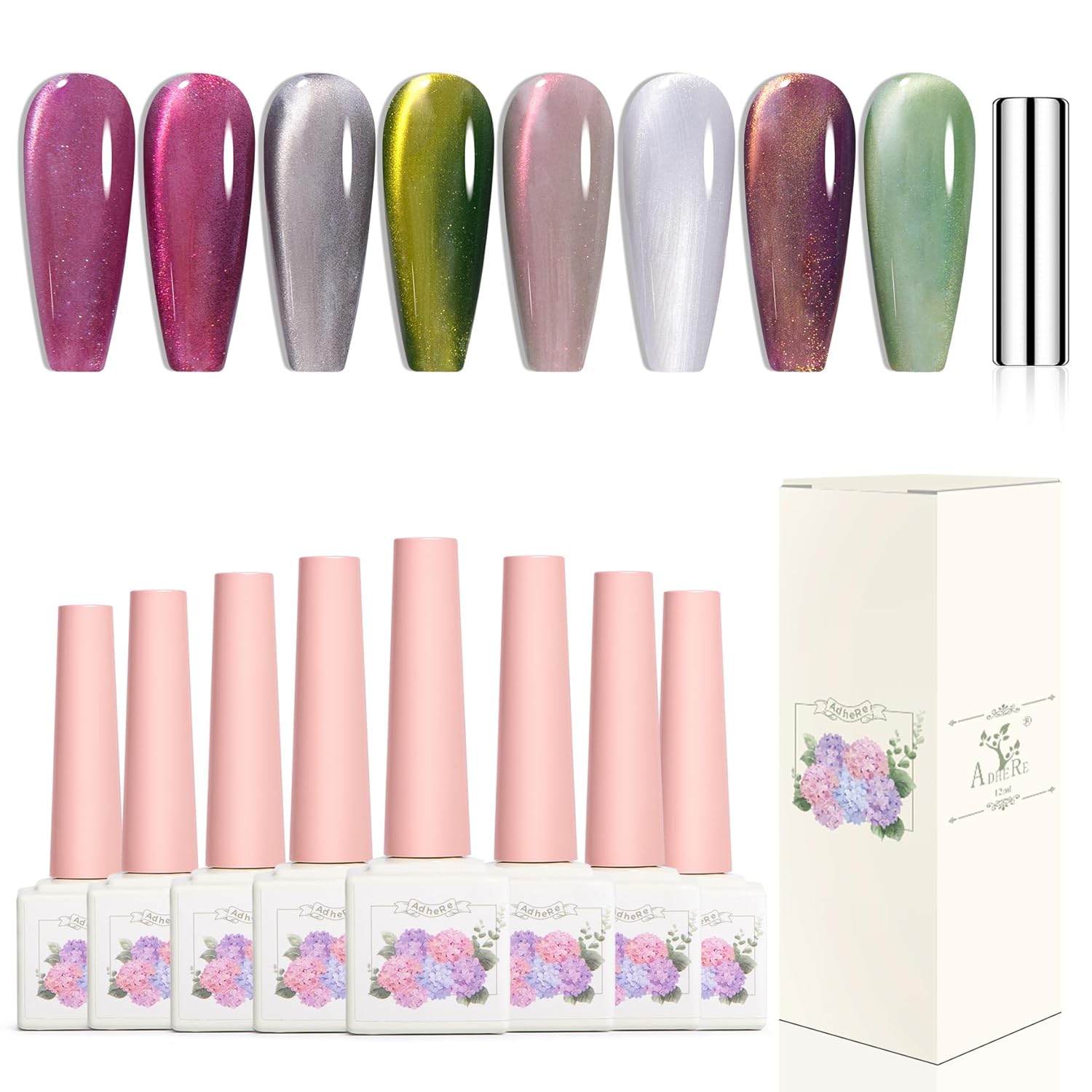 Adhere 8Pcs 12ML Cat Eye Gel Magnet Nail Polish Set, Reflective Glitter Cat Eye,Yellow Green Purple Silver White Color with Magnet