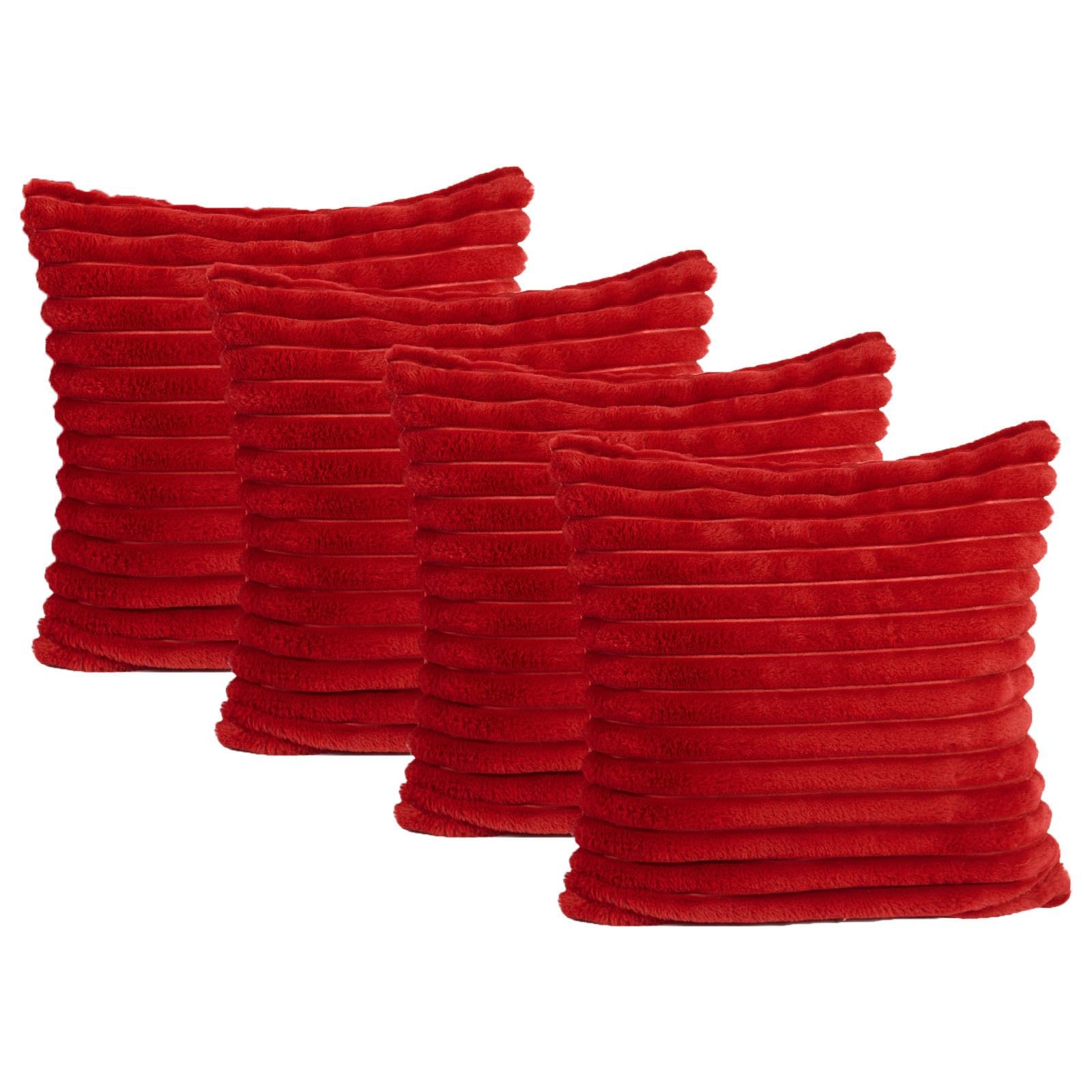 Ohs Red Faux Fur Ribbed Cushion Covers, Sofa Cushions Throw Pillows Sofa Bedroom Living Room Cuddle Cushion Lounger Covers For Cushion Inserts, Pack Of 4