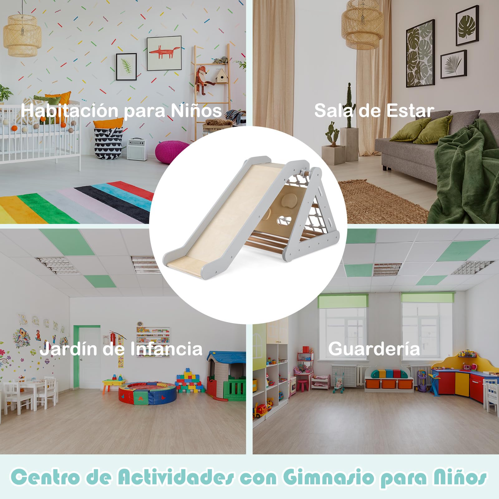 GOPLUS Triángulo de Escalada Montessori para Niños con Red de Escalada, Tabla y Escalera, Piedras con Tobogán, Capacidad de Carga 50KG, Zona de Juegos de Interior para bebés a Partir de 1 año (Gris)