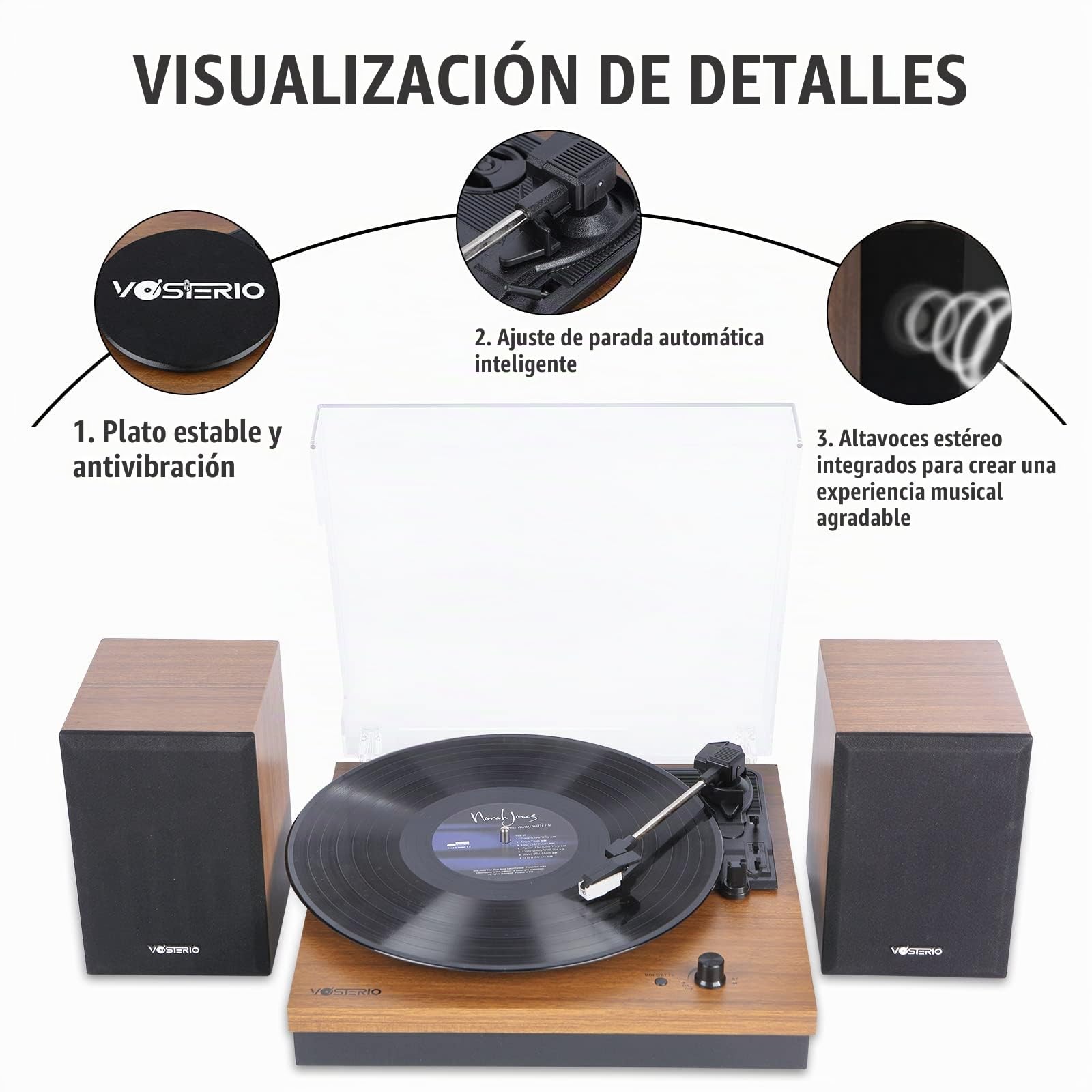 Vosterio Tocadiscos Bluetooth, Tocadiscos de 3 velocidades accionado por Correa con Entrada y Salida Bluetooth, Entrada Auxiliar, Dos Altavoces externos de 15 W, Reproductor de vinilos Retro, Nogal