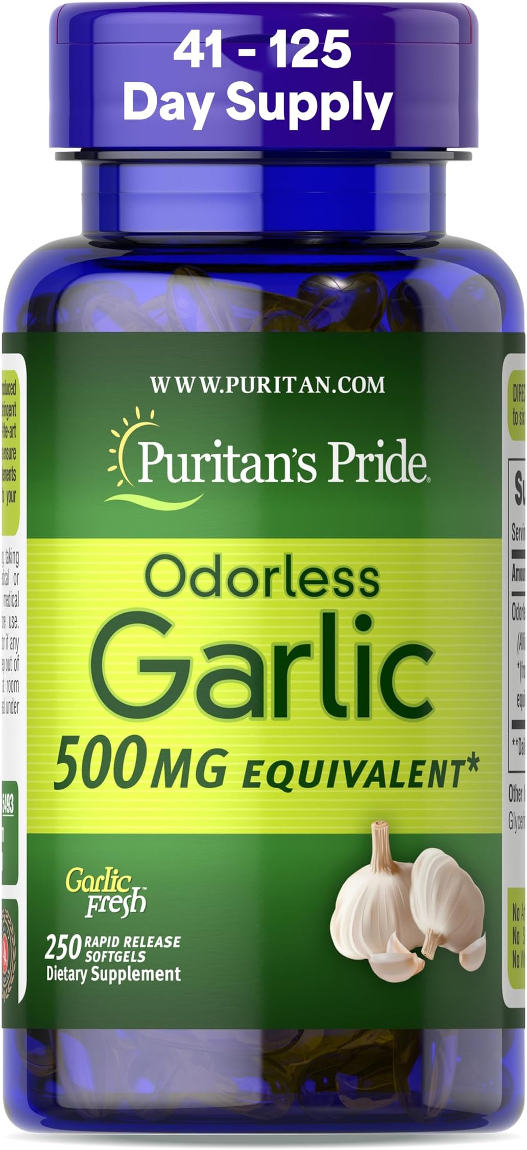 Premium Odorless Garlic Fresh 500mg, Traditional Dietary Supplement for Heart Health and Circulation Support with Antioxidant Properties, 250 Rapid Release Softgels