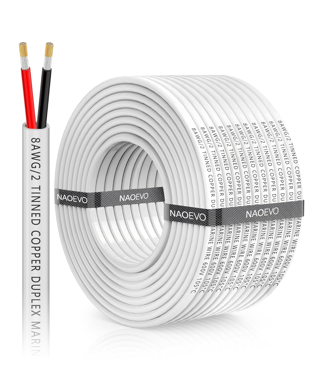 NAOEVO 8 Gauge Marine Wire Duplex, 8 AWG Stranded PVC Marine Electrical Wire, Waterproof/Corrosion Resistant/Tinned Copper Electrical Cable for Boat/Automotive/RV/Solar (60FT) โ image 1