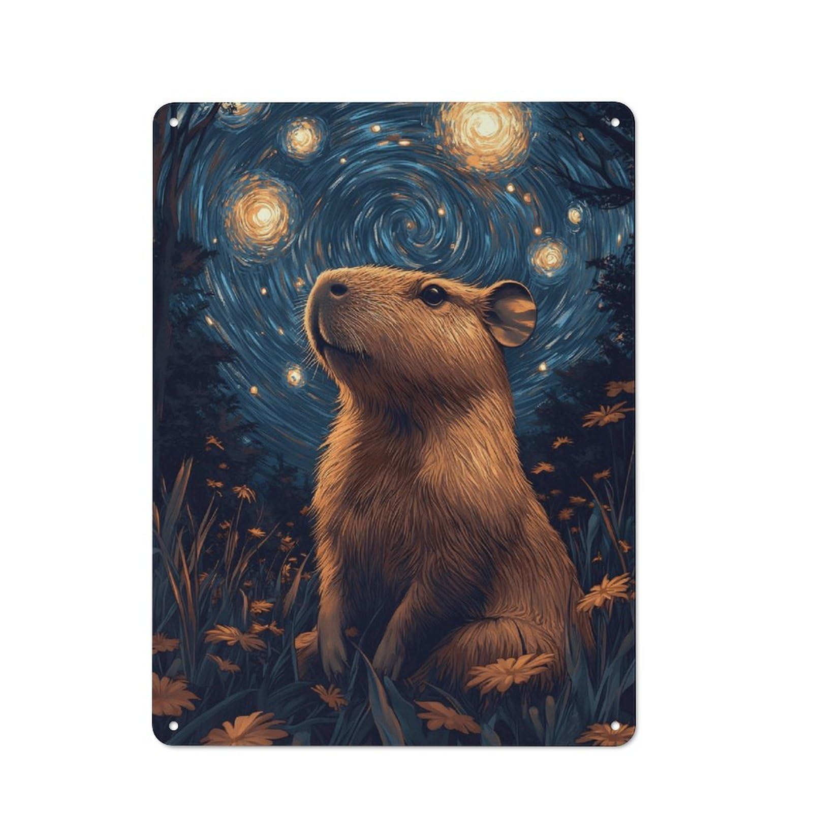 Junmoney Style Metal Plaque 40X30cm With Night Capybara Painting For Hallway Wall, Retro Decor, For Wall Display Collectors