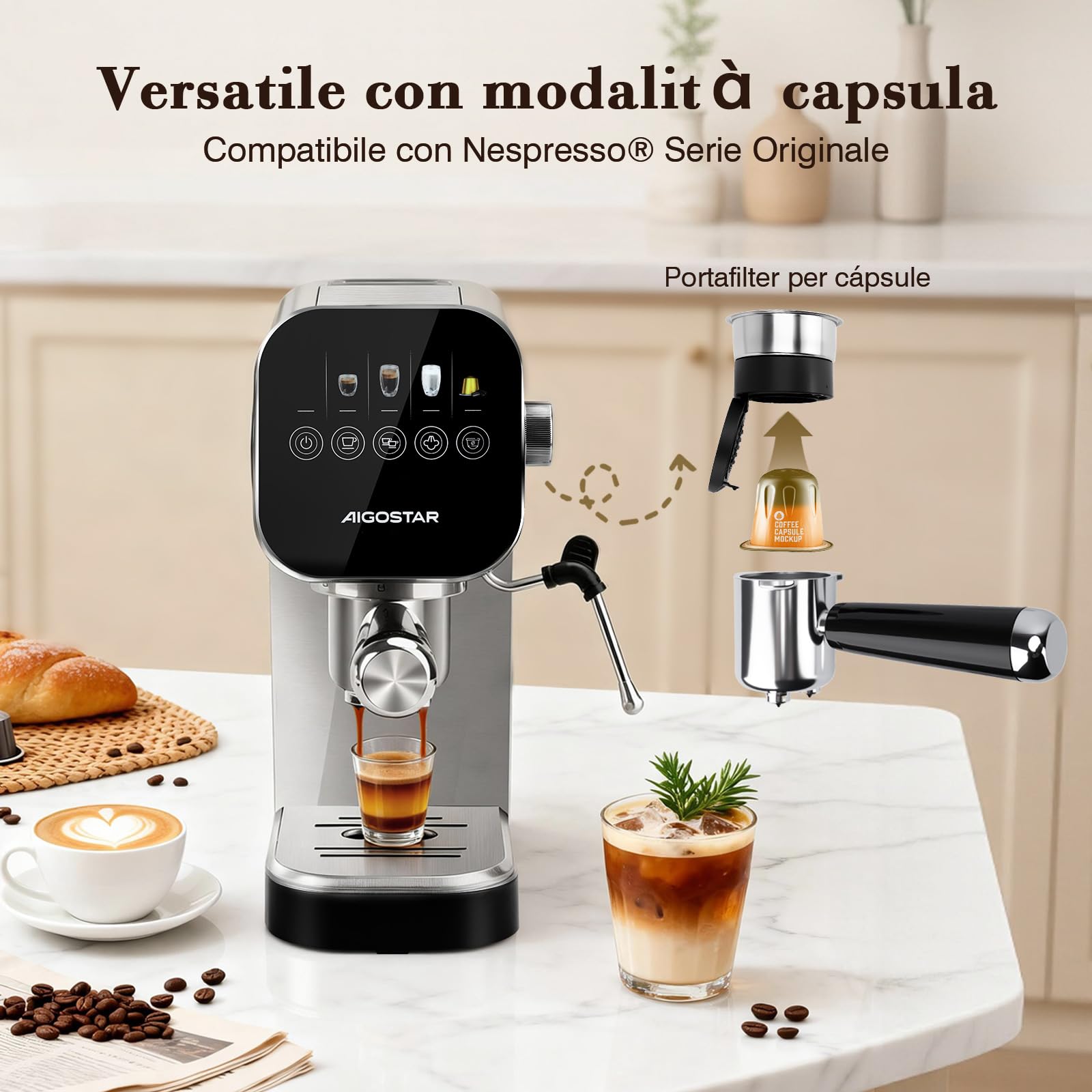 Aigostar Macchina Caffè Espresso 20 Bar per Capsule e Caffè Macinato, 0,9 L | Portafiltro, Schermo touch, con vaporizzatore latte, 1 o 2 tazze, 1350 W, inox, ideale per Espresso, Cappuccino e Latte