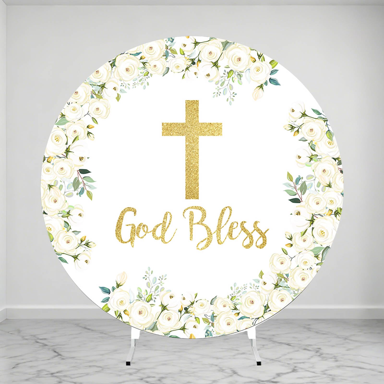 MEHOFOND 2m (6.5ft) Diameter Baptism Round Backdrop Gold Cross White Flower God Bless Photography Background Boy Girl Party Decoration Banner Background cover props (Booth Not Included)