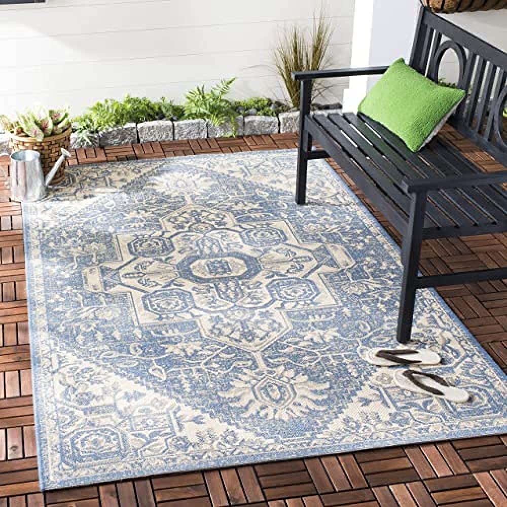 SAFAVIEH Washable Rug Outdoor Beach House Collection - 3' x 5', Cream & Blue, Non-Shedding & Easy to Clean, Ideal for Patio, Backyard, Mudroom (