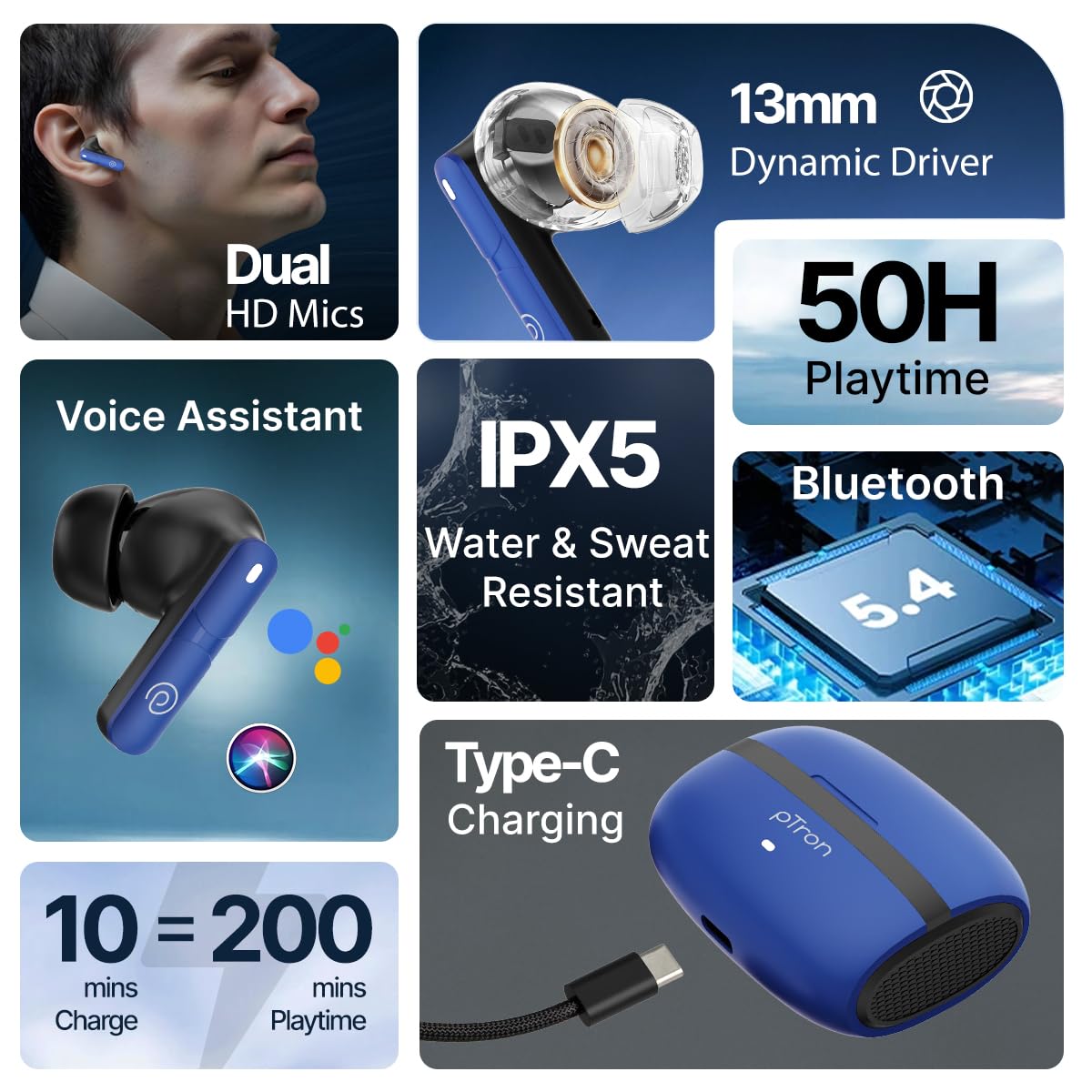 pTron Bassbuds Blaze in-Ear TWS Earbuds w/ 13mm Drivers, 50Hrs Playtime, AI-ENC Clear Calls, Bluetooth V5.4 Wireless Headphones, Touch Control, Voice Assistant, Type C Charging & IPX5 (Berry) — Amazon image 2