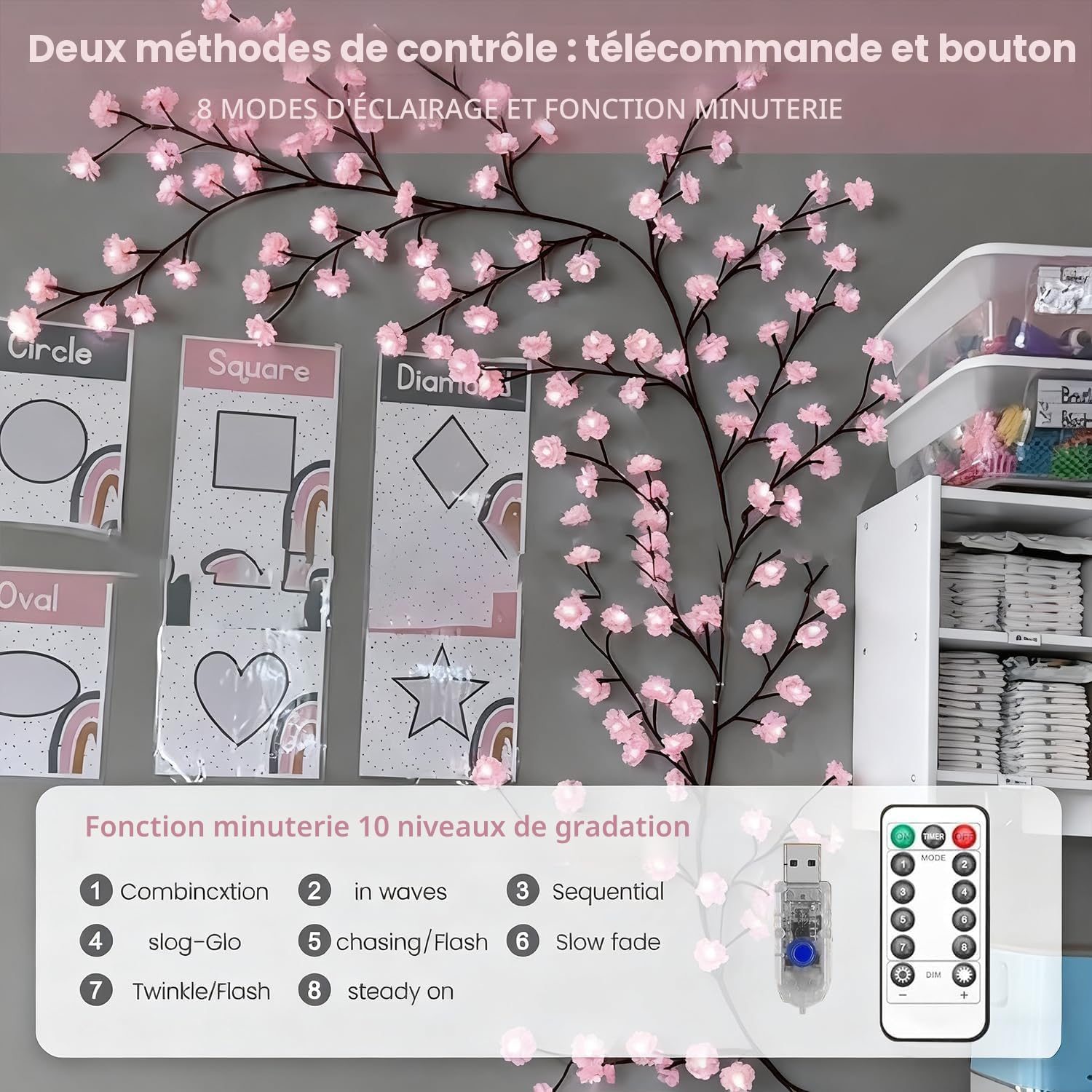 Guirlande de fleurs de cerisier 144 LED, télécommande et 8 modes lumineux | Décoration murale lumineuse, alimentation USB pour branchement direct, adaptée à la chambre à coucher et au salon