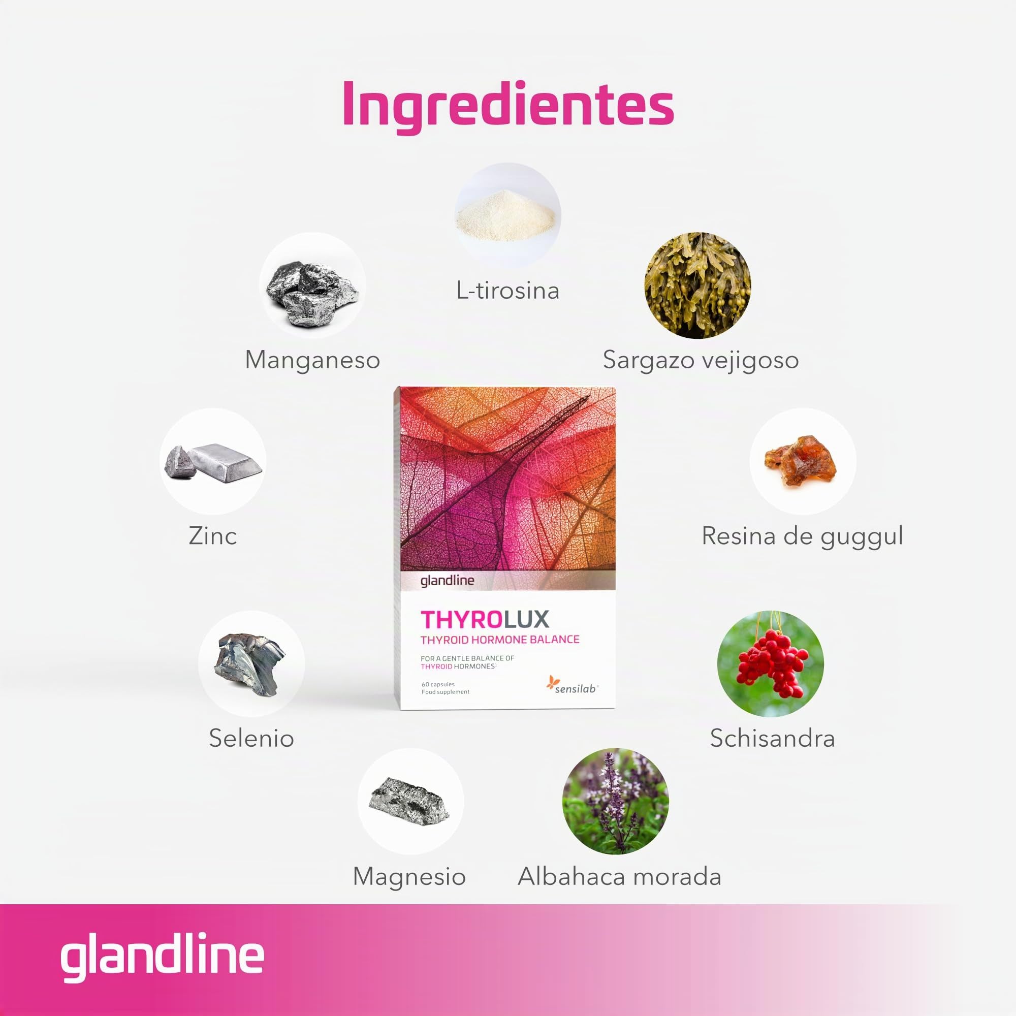 Selenio, Magnesio, Yodo, Zinc, L-Tirosina, Manganeso - Cápsulas de Tiroides - Natural, Sin Hormonas - 120 Cápsulas Vegetales para 2 Meses - ThyroLux de Sensilab