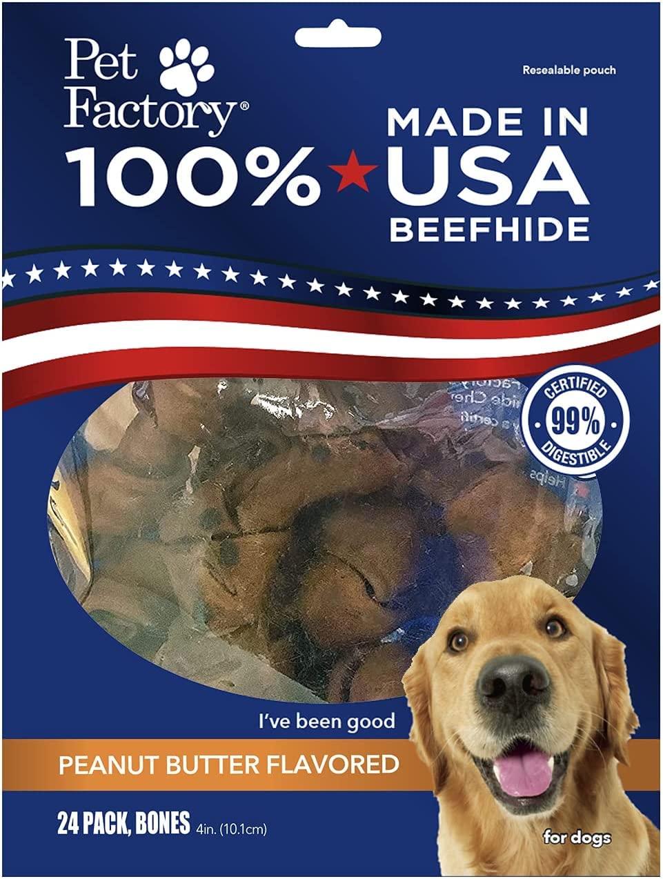 Pet Factory 100% Made in USA Beefhide 4" Knotted Bones Dog Chew Treats - Peanut Butter Flavor, 24 Count/1 Pack