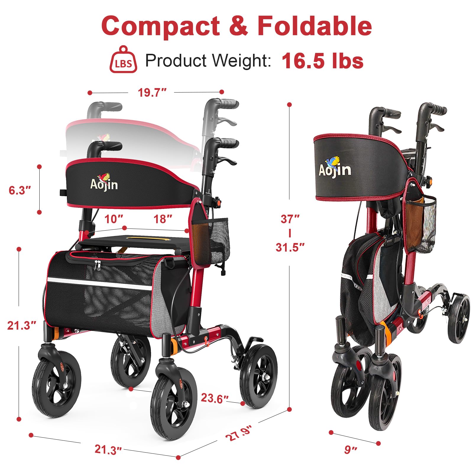 Andador rodante para personas mayores, ligero, plegable, todo terreno con asiento, andadores de aluminio con ruedas de goma de 8 pulgadas, asas y respaldo para personas mayores y adultos (rojo)