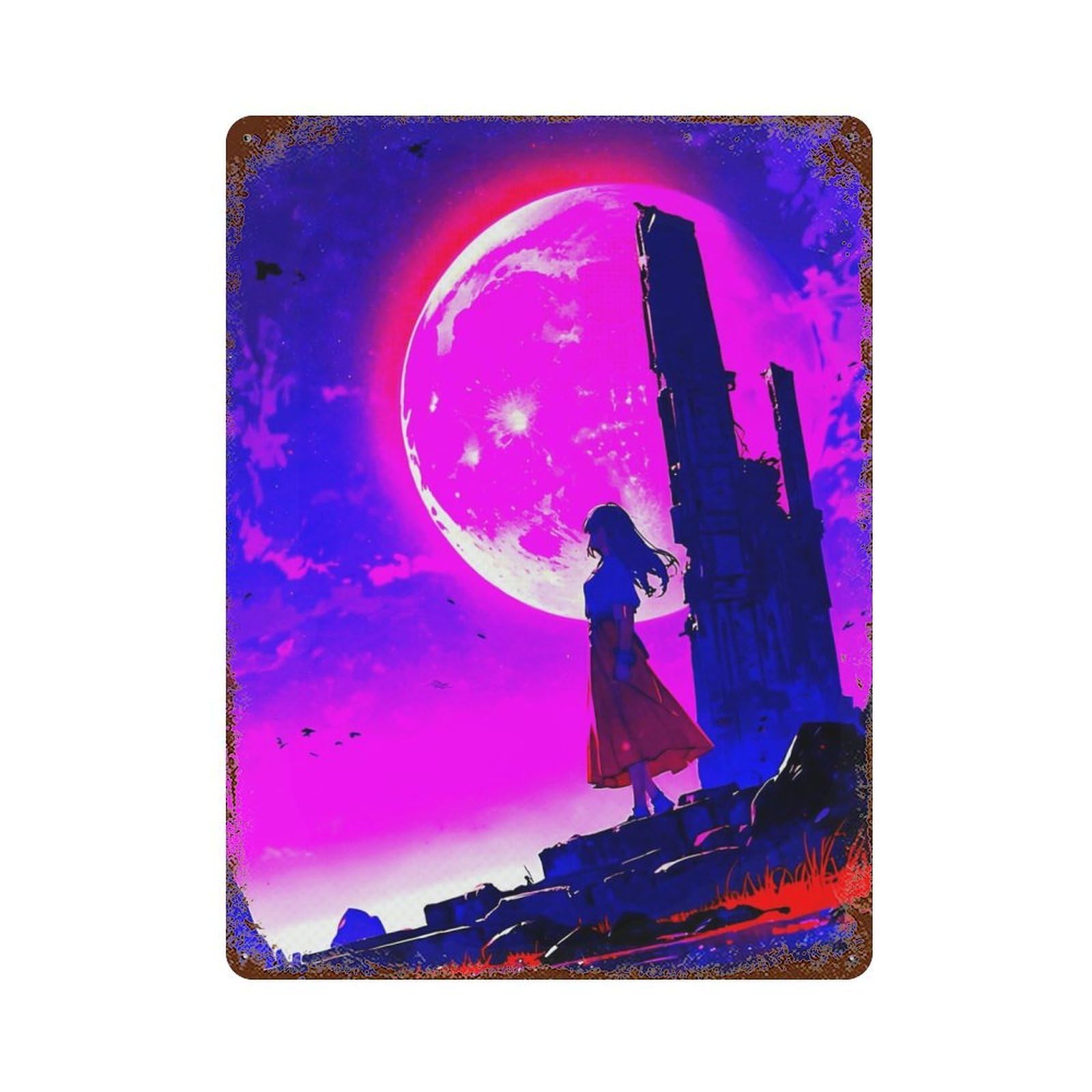Moonlight Pink Rust Effect Tin Sign 15.7"x11.8", Industrial Home Decor for Garage, Bar And Workshop Decor