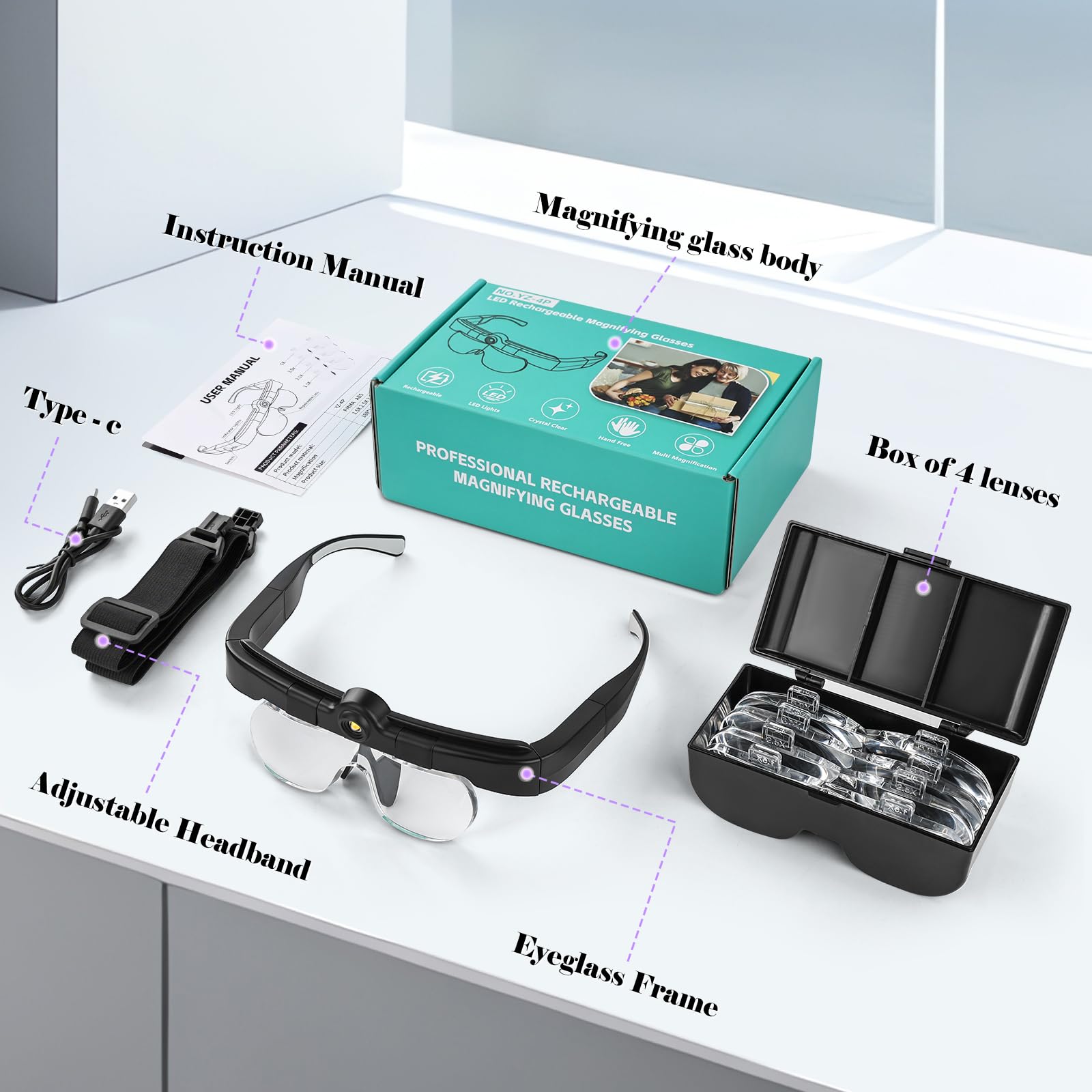 NZQXJXZ Lupa con Diadema con Luz LED, 1.5X 2.5X 3.5X 5X lupas de Gran Aumento con luz, Ajustable Gafas de Aumento Lupa para Leer, Coser, Reparaciones, Joyería, Negro