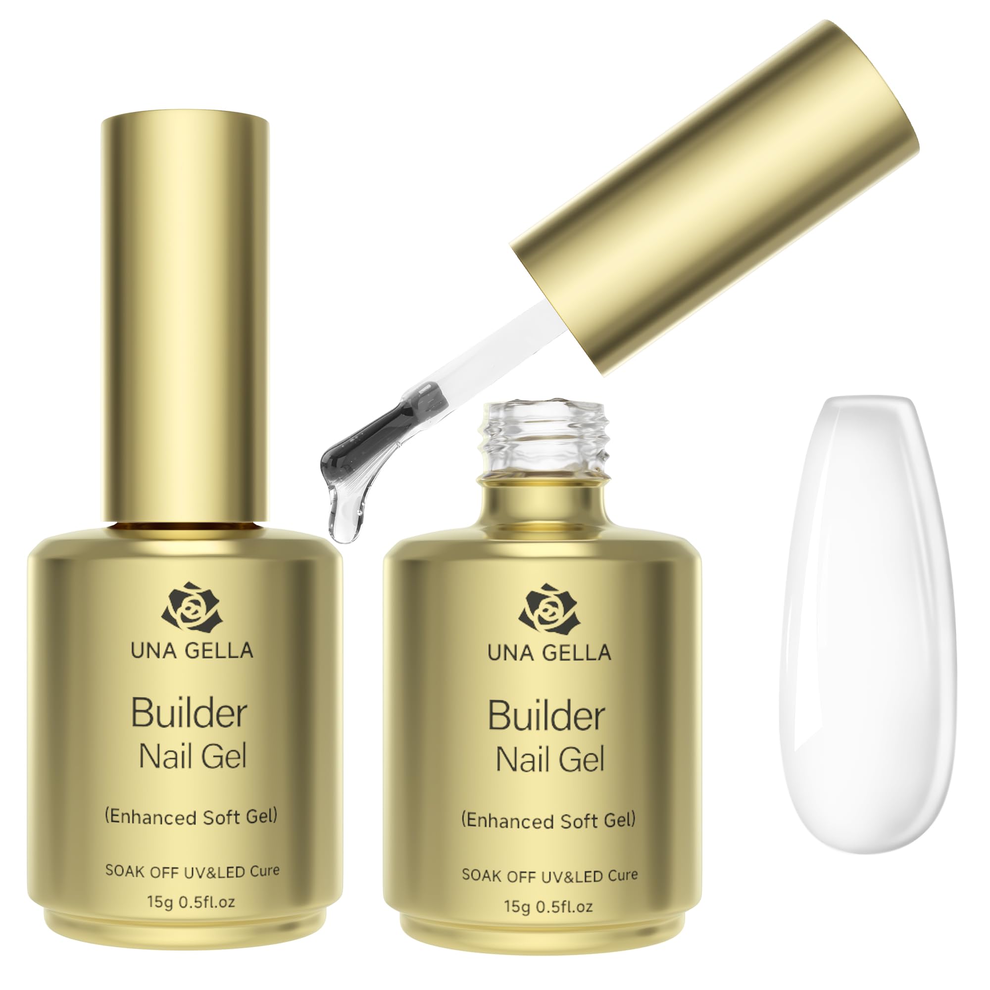 UNA GELLA Builder Gel for Nails, 2 X 15ml Large Capacity 4 in 1 Clear Builder Gel for Nail Thickening, Nail Strengthener Nail Extension Hard Gel U V/LED Lamp Cured in a Bottle