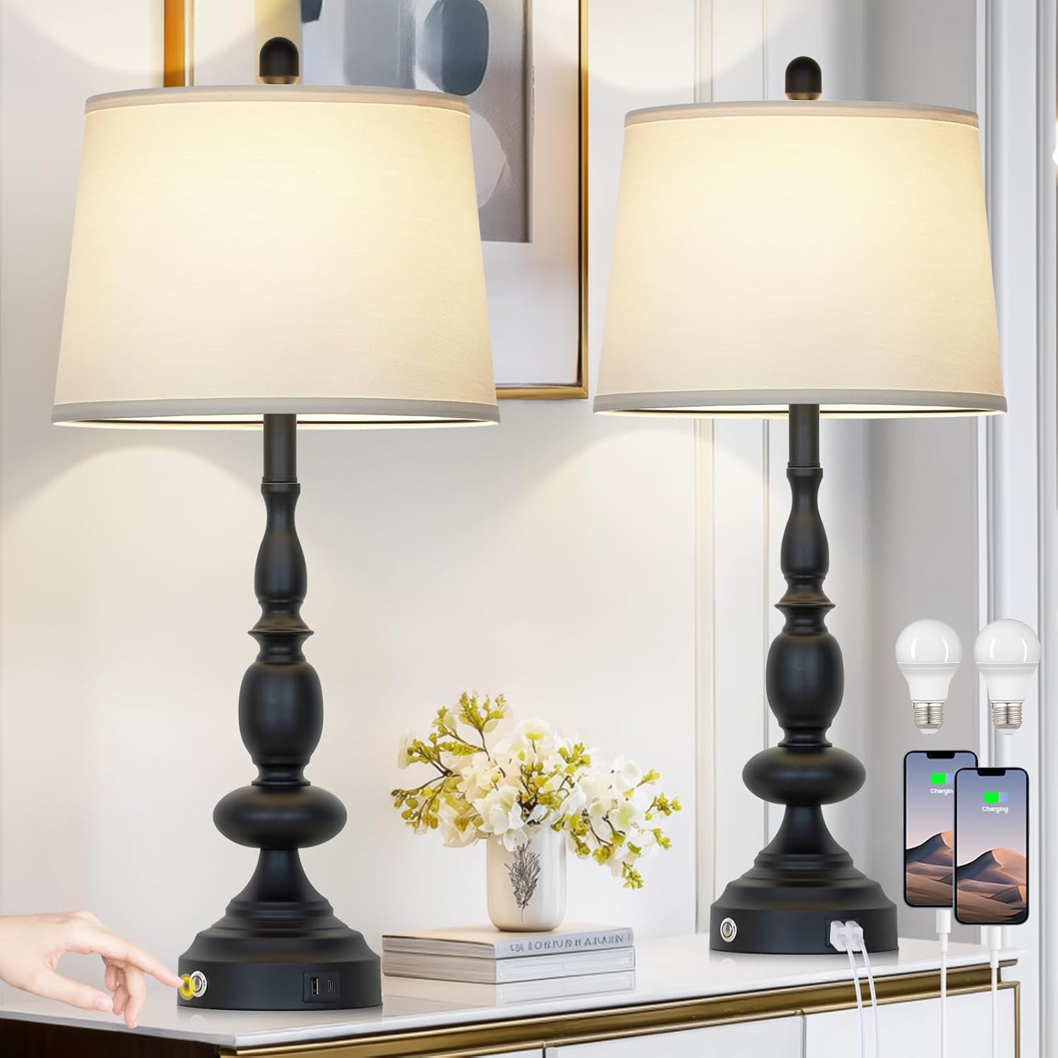 29" Black Modern Table Lamps Set of 2, Industrial Touch Control 3-Way Dimmable Bedside Lamp with USB C+A Ports, Metal Nightstand Lamps for Living Room Bedroom Office Home(2 LED Bulbs Included)