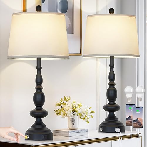 Miniatura 7 de 29" Black Modern Table Lamps Set of 2, Industrial Touch Control 3-Way Dimmable Bedside Lamp with USB C+A Ports, Metal Nightstand Lamps for Living