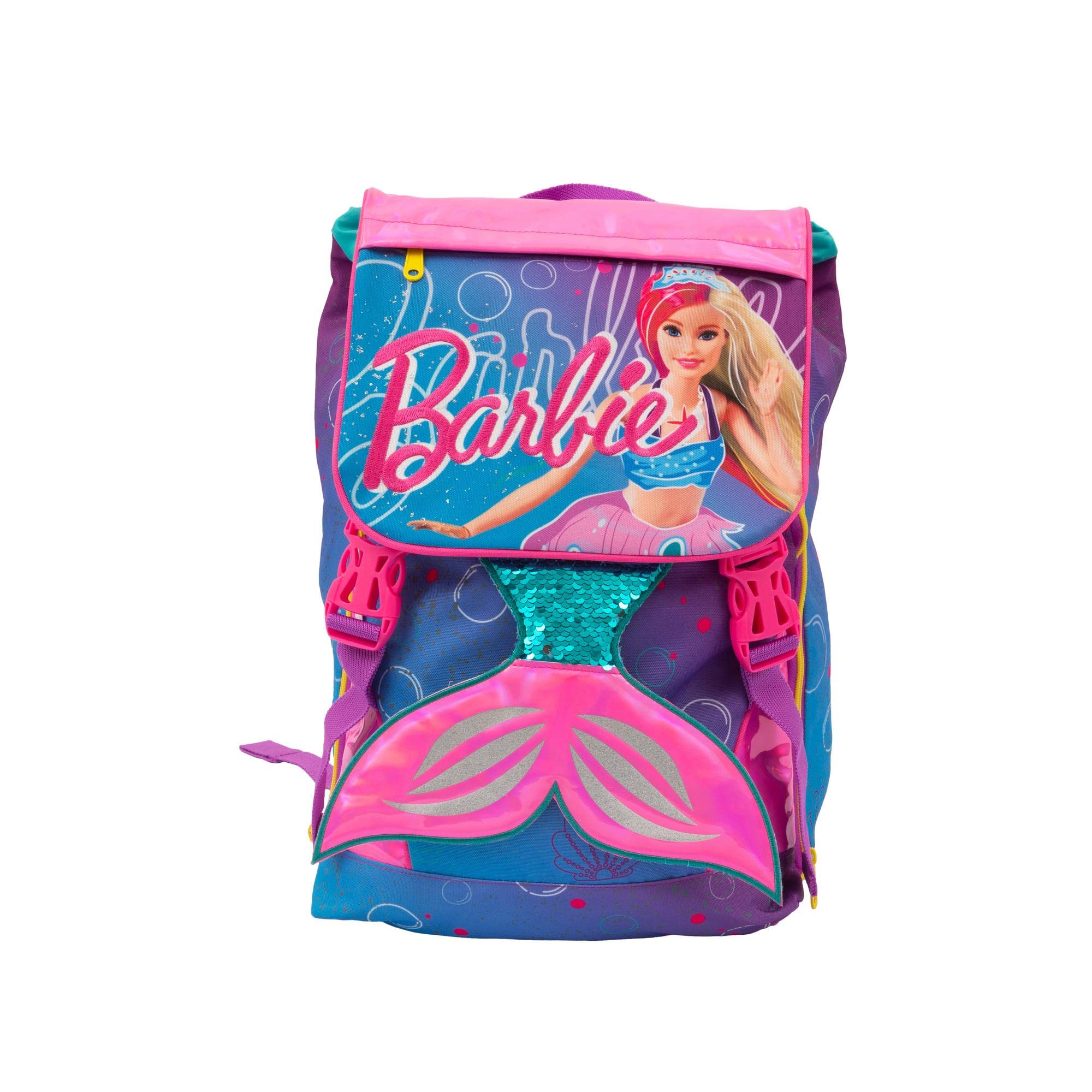 Giochi Preziosi - Zaino Estensibile Barbie c/Ganci, Pop-up Coda Sirena, 2 Scomparti e Tasca Frontale, Schienale e Spallacci Imbottiti, per la Scuola primaria, 31 l x43 h x17,5 p cm, capacità 23,5 l