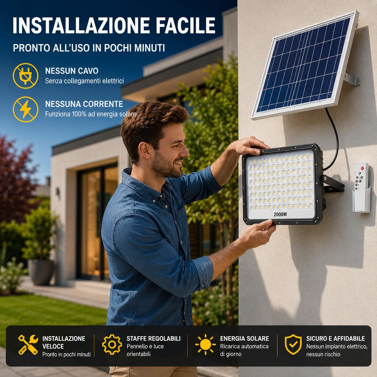 Faretto LED da Esterno Solare 2000W con Pannello Solare e Telecomando, Faro LED Esterno con Pannello Solare IP66, Luce Solare da Esterno per Giardino Cortile Sicurezza [Classe di efficienza energetica