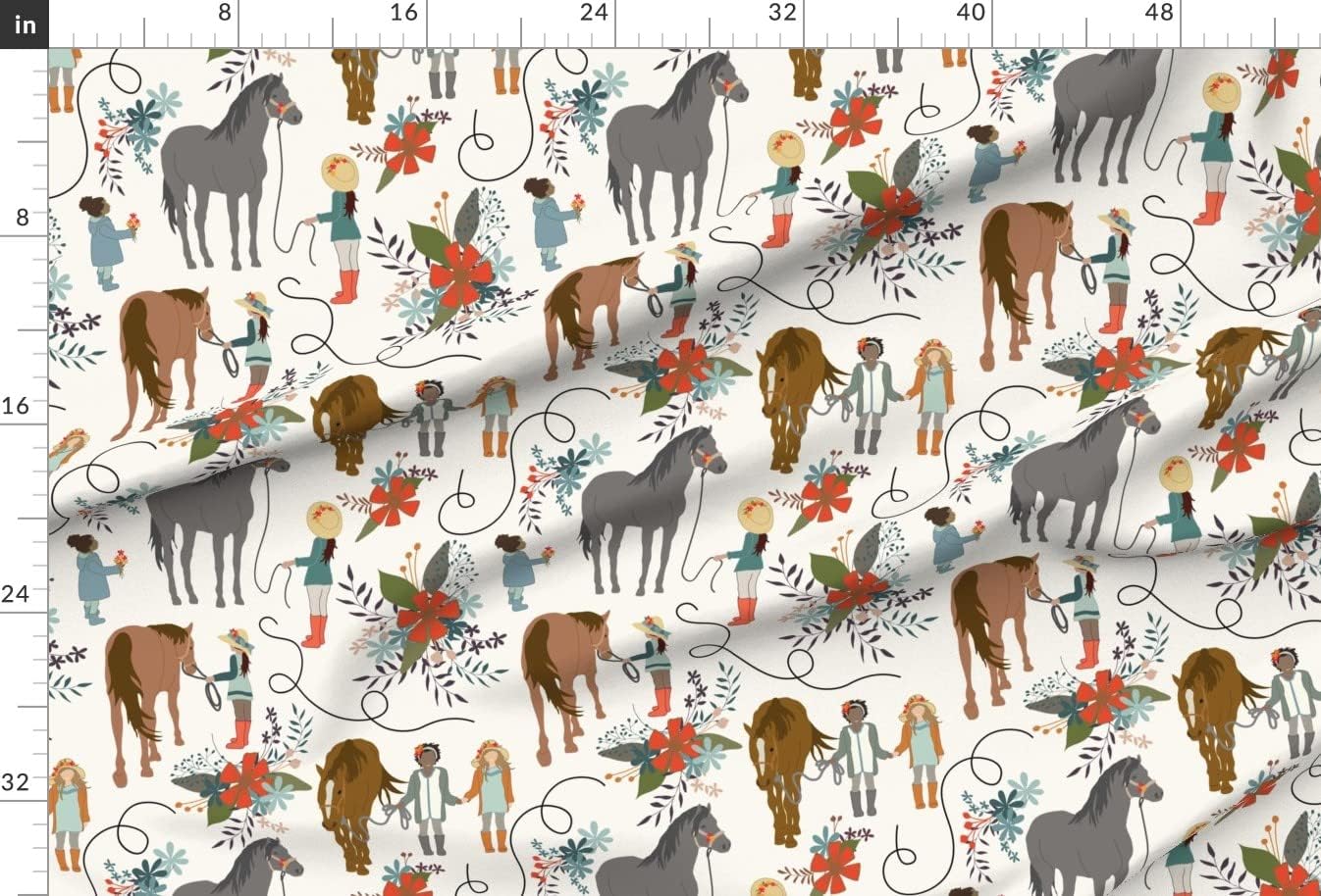 Spoonflower Fabric - Horses Girls Black Horse Racing Kids Flowers Children Equestrian Printed on Minky Fabric by The Yard - Sewing Baby Blankets Quilt Backing Plush