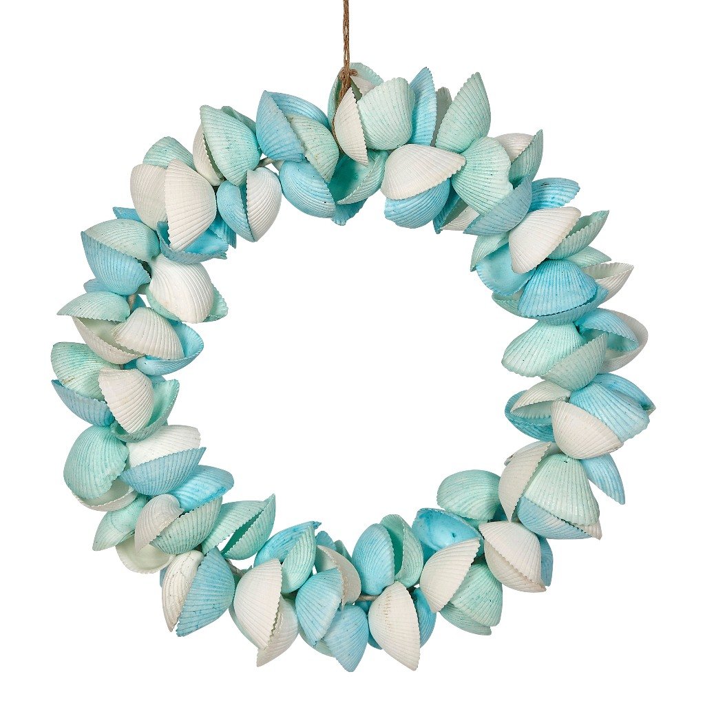 Ark Shells Wreath 12" White/Green/Blue, Nautical Beach Home Decor, Coastal Decorations