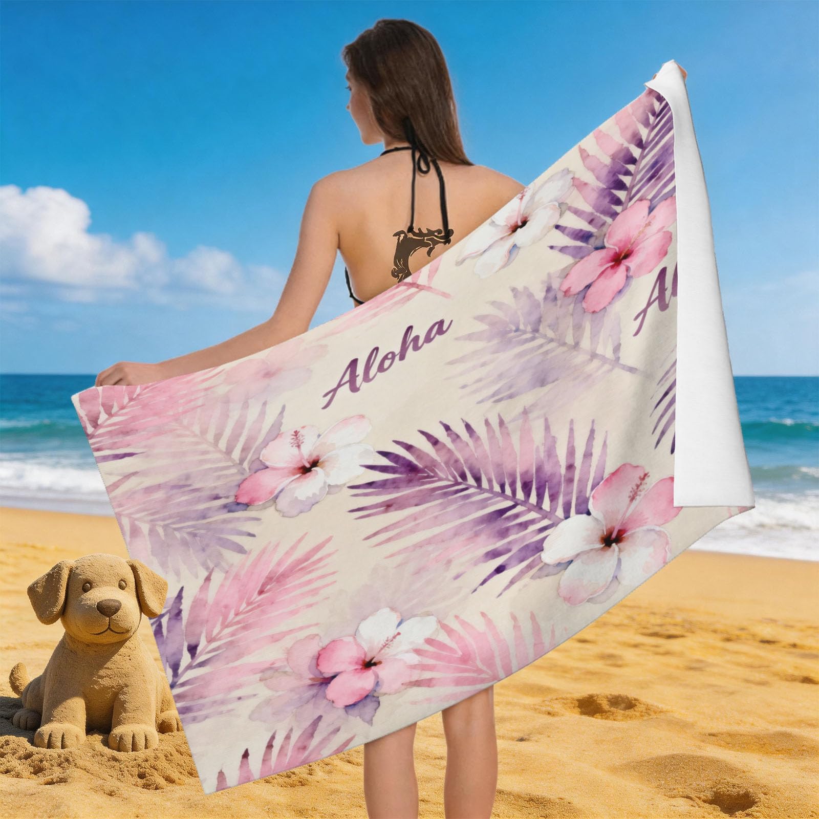 Leichong 3D Hibiscus Beach Towel Microfiber Soft Quick Dry for Adults, Tropical Flowers Bath Towel Lightweight Soft Absorbent for Travel Swimming Pool Sports, 75 x 150 cm