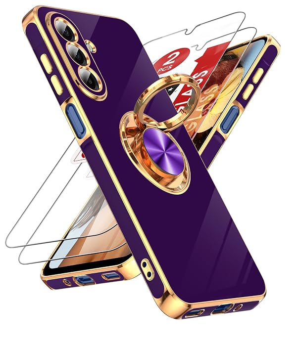 LeYi for Galaxy A17 5G Case: with 2 Pack Tempered Glass Screen Protector and 360° Rotatable Ring Holder Magnetic Kickstand, Plating Rose Gold Edge Protective for A17 5G Case, Deep Purple by LeYi - Used condition - US$8.91