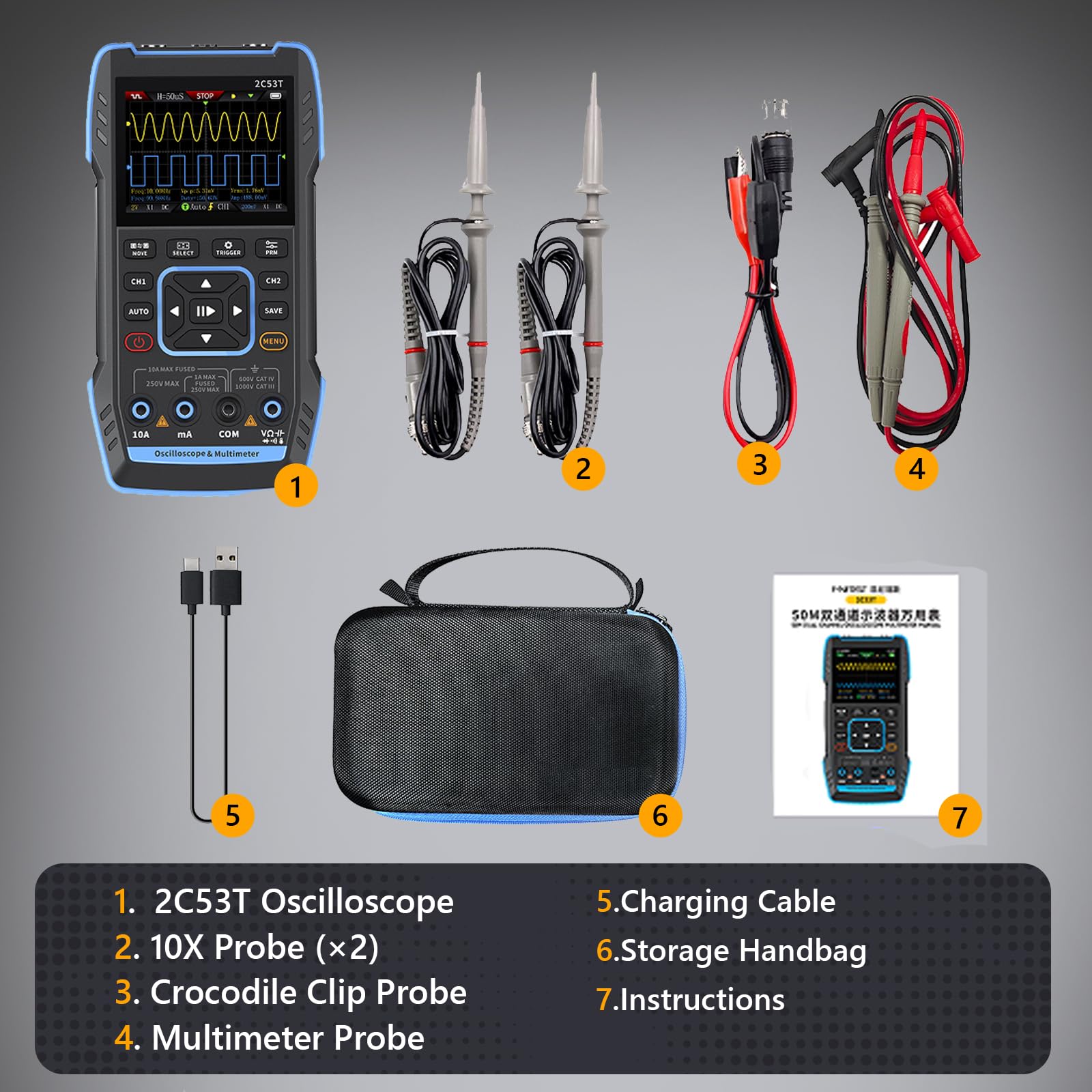 3-IN-1 2C53T Aufgerüstetes Handheld Oscilloscope Multimeter mit 2 Kanälen, 50MHz Bandbreite & 250MS/s Abtastrate, TRMS 19999 Counts Signalgenerator, 13 Wellenformen für Automotive/AC/DC Spannungstest
