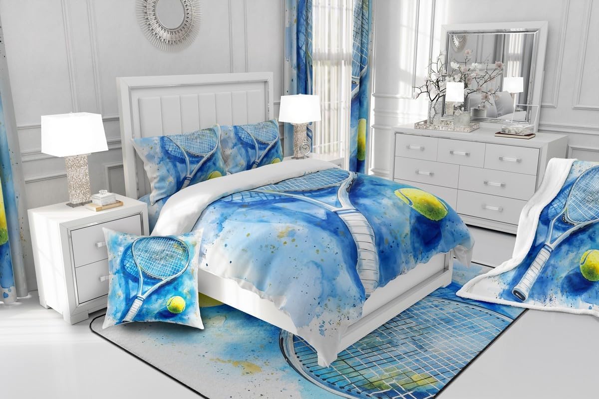 3 Pieces Sport Tennis 100% Nature Cotton Duvet Cover Not Comforter,Tennis Racket and Ball Watercolor Tie Dyed Bedding Set for Room Decor,Boys Men Sport Tennis Lover All Season Bedding Queen Size