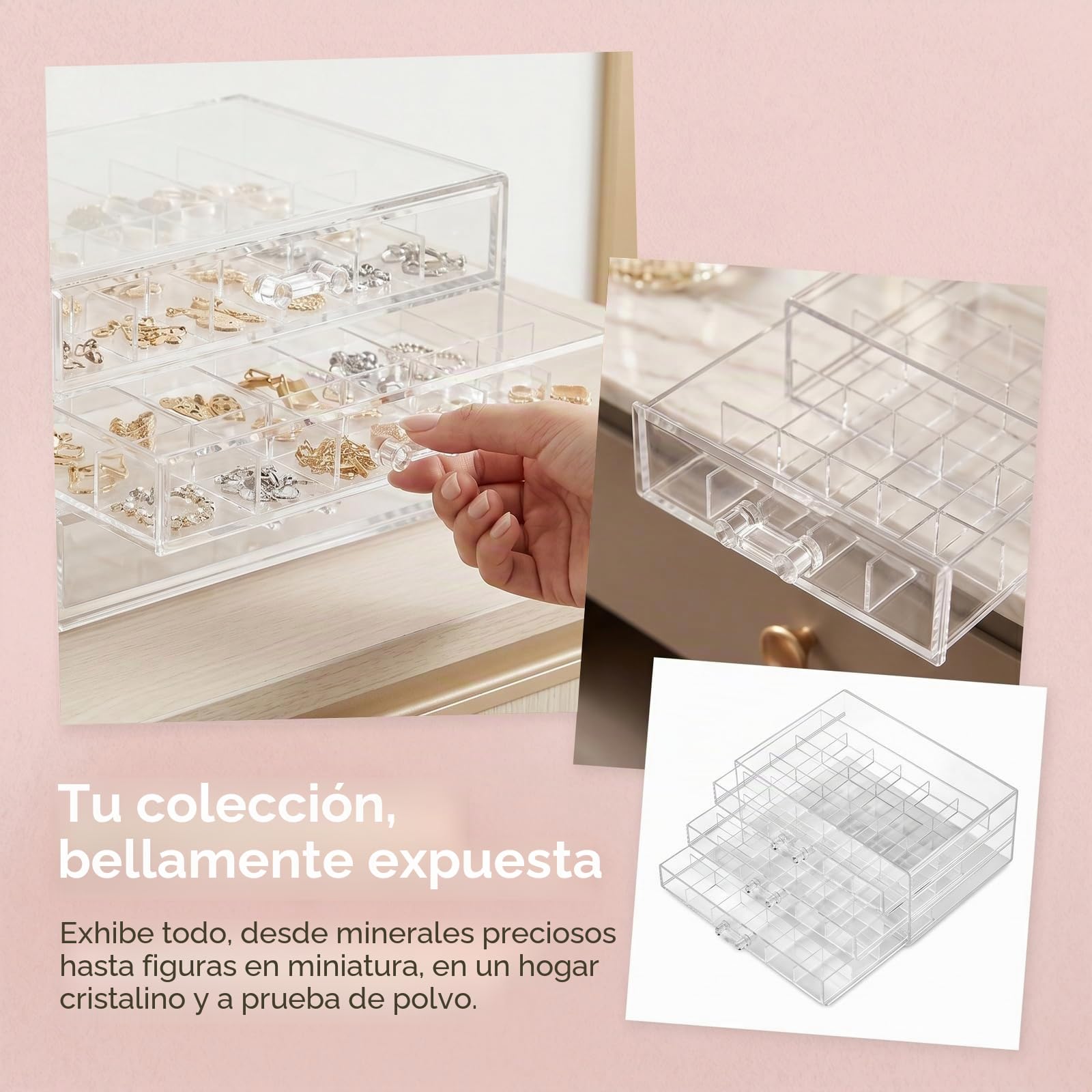 Vitrina De Coleccionista Con 72 Compartimentos, Caja Para Minerales De Acrílico Transparente Con 3 Niveles Extraíbles, Exhibidor Con Tapa Y Asas Para Almacenamiento De Figuras, Piedras Y Cristales