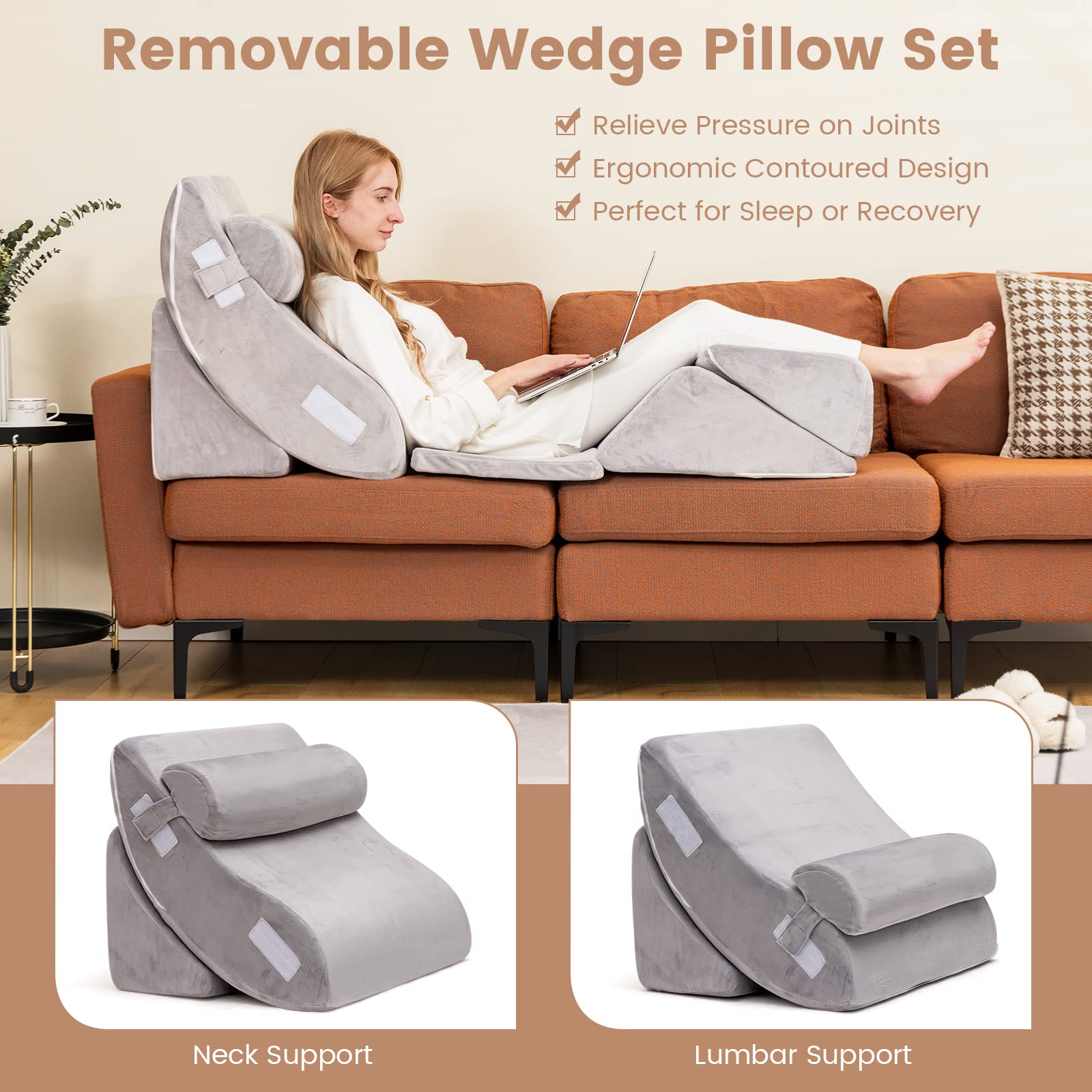 GOPLUS Juego de 6 Almohadas en Cuña de Espuma con Memoria | Almohada Ortopédica Ajustable para Cuello y Piernas, Alivio del Dolor de Espalda, con Funda Lavable, Gris