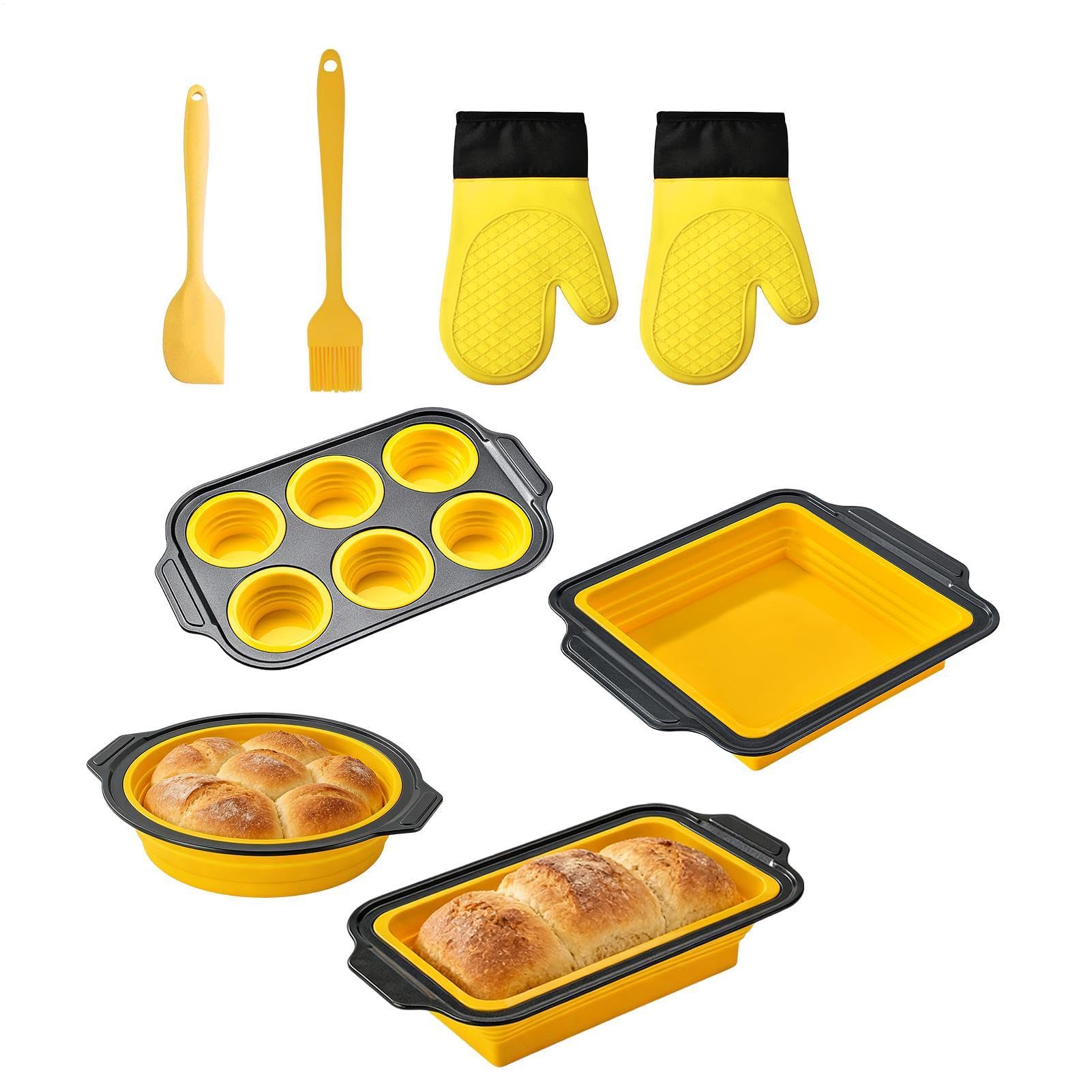 Juego de Moldes de Silicona para Hornear Bandeja Apilable | con Guante, Rasqueta y Cepillo Set Antiadherente para Hornear Para pan, galletas, huevos, horno, tostadora