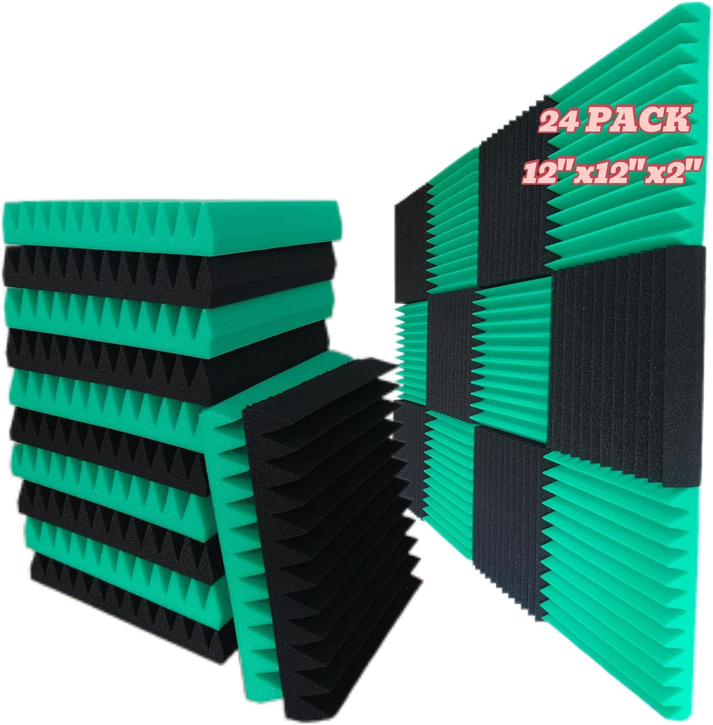 24 Pack, 12 x 12 x 2 inches, Acoustic Panels, wall Panels, Sound Panels, Used for soundproofing, Soundproof Foam Panels for Walls(12 Black+12 Green)