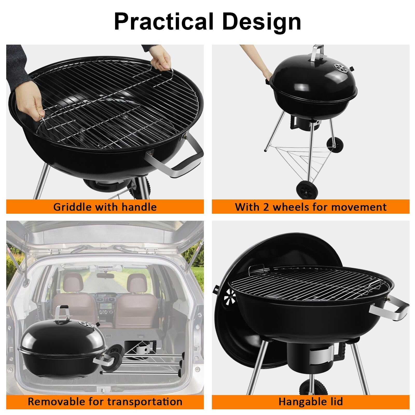 Kugelgrill Holzkohlegrill mit Deckel 64x64x99 cm Schwarz | Grillrostdurchmesser 54 cm, Holzkohlegrillwagen mit Rädern, Für Camping geeignet