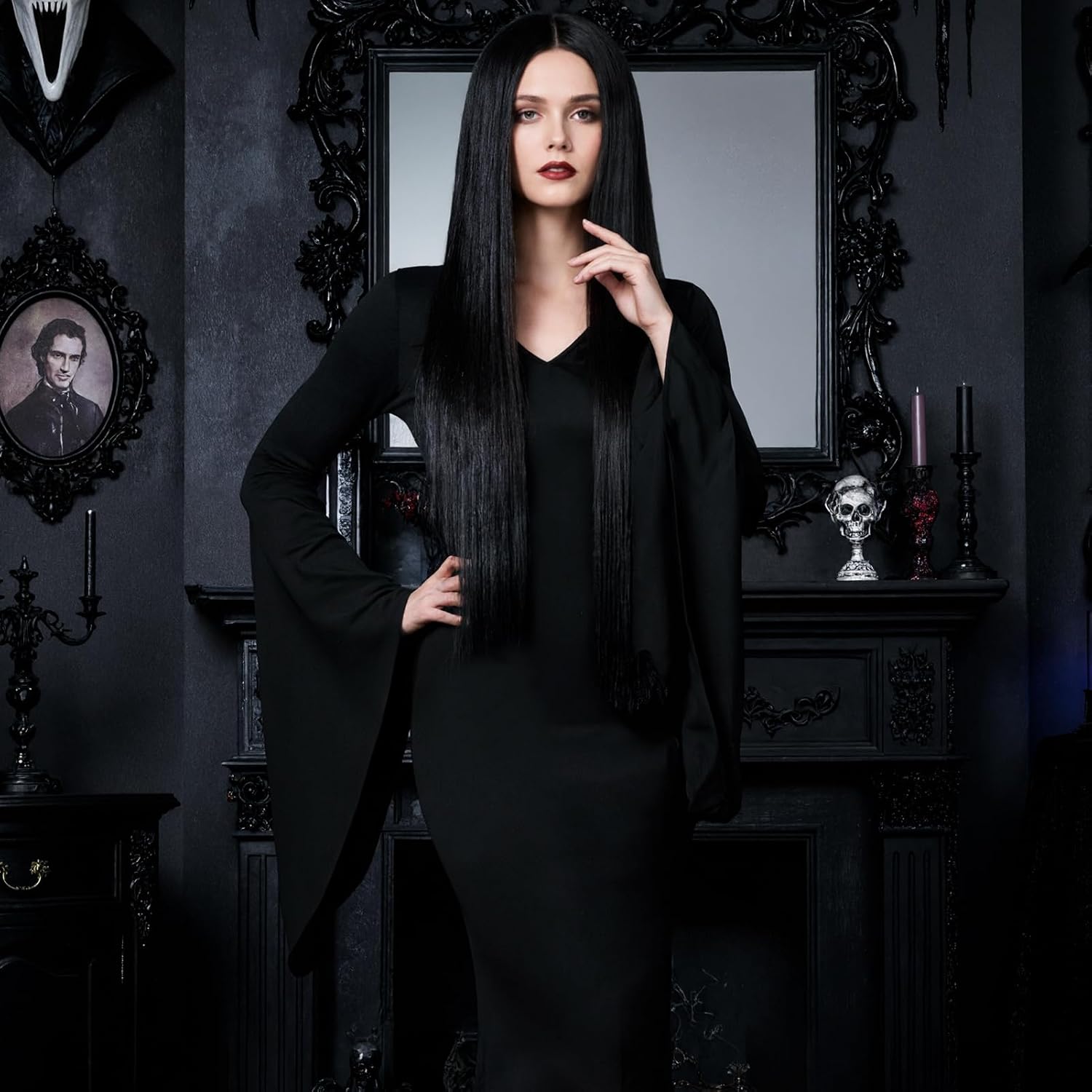 Gothic Witch Costume for Women Halloween Cosplay Costumes Accessories Vintage Dress + Long Black Wig + Earrings - Image 3