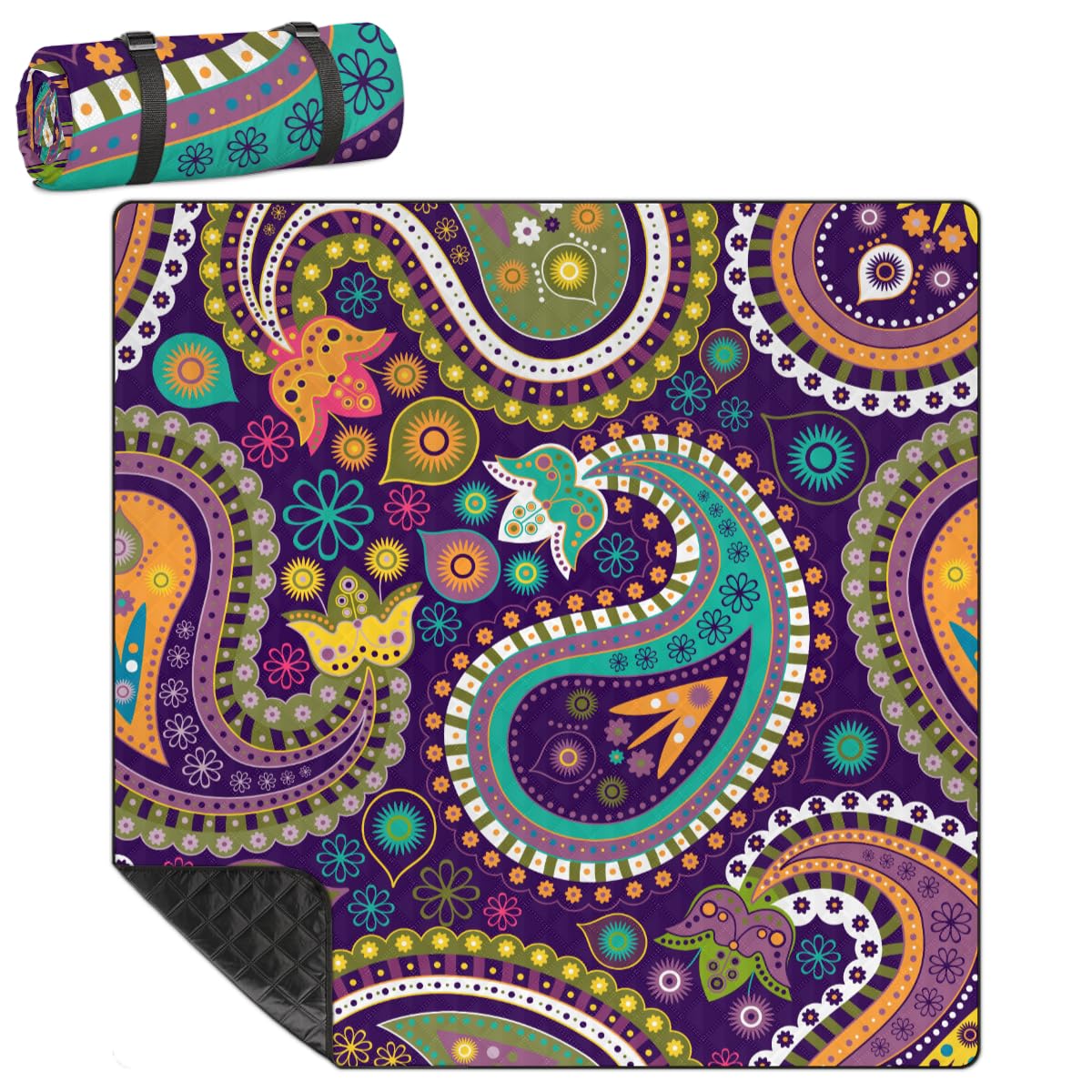 Shimoshe Extra Large Picnic Blankets 79”x 79”, Bohemian Paisley Flower Waterproof Foldable Picnic Mat with Straps Portable Beach Blanket for Camping Park Grass Beach Indoor
