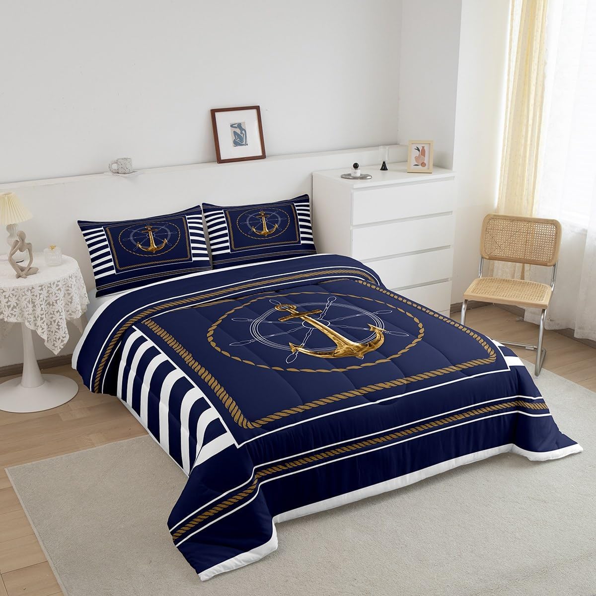Feelyou Anchor Decor Comforter Set Queen Size Nautical Themed Bedding Set for Boys Girls Teens Ocean Comforter Sea Adventure Duvet Set Navy Blue Quilt Set