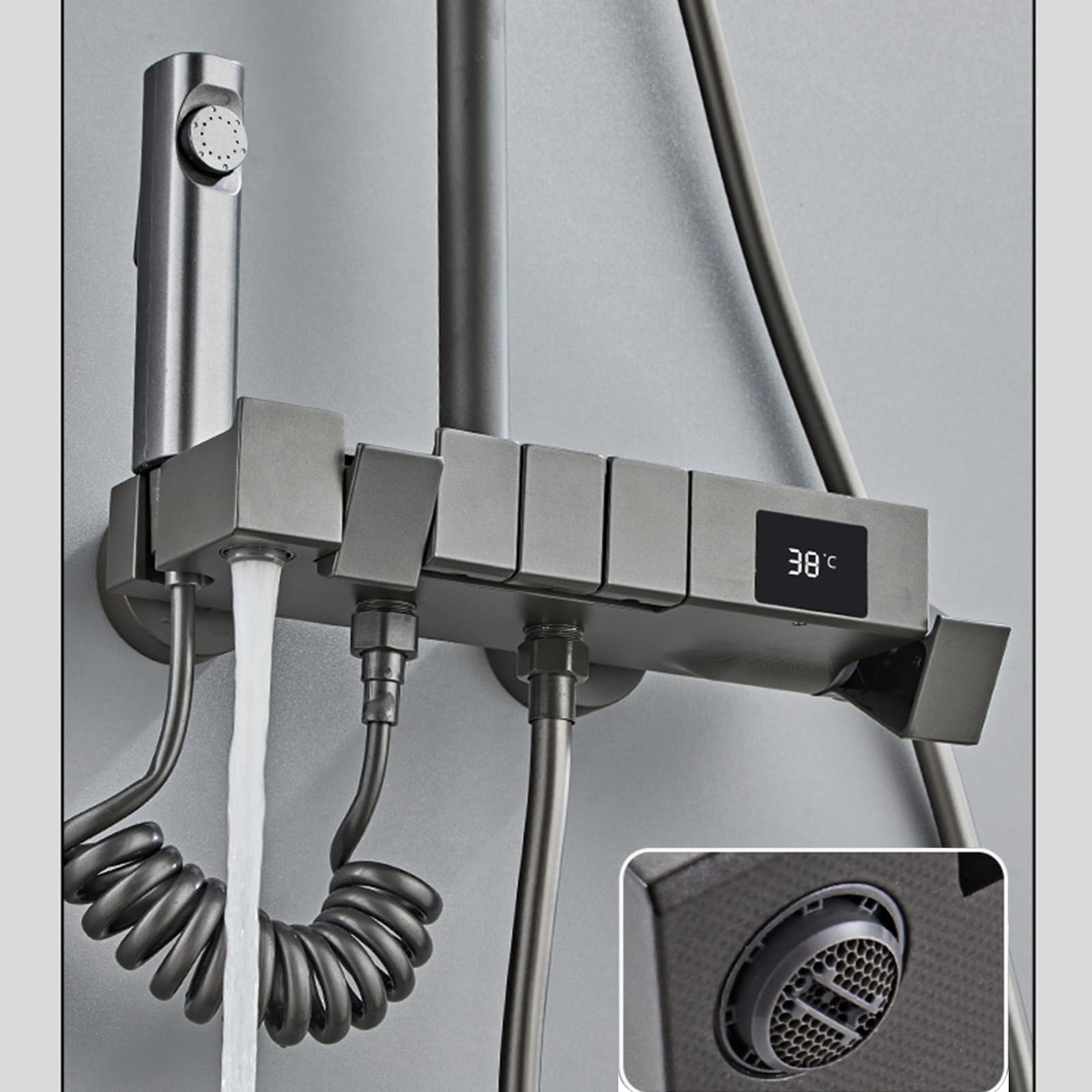 Set Rubinetto Doccia Gun Grey, Sistema Doccia con Display Digitale, Colonna Doccia A 4 Funzioni con Soffione A Pioggia da 30 * 20 Cm E Doccia Portatile A 3 modalità, Pistola A Spruzzo