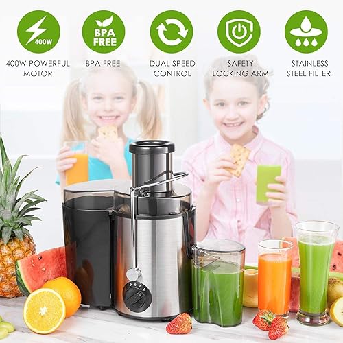 Miniatura 2 de Máquina exprimidora extractor de jugo de boca ancha para frutas y verduras enteras acero inoxidable de grado alimenticio libre de BPA doble