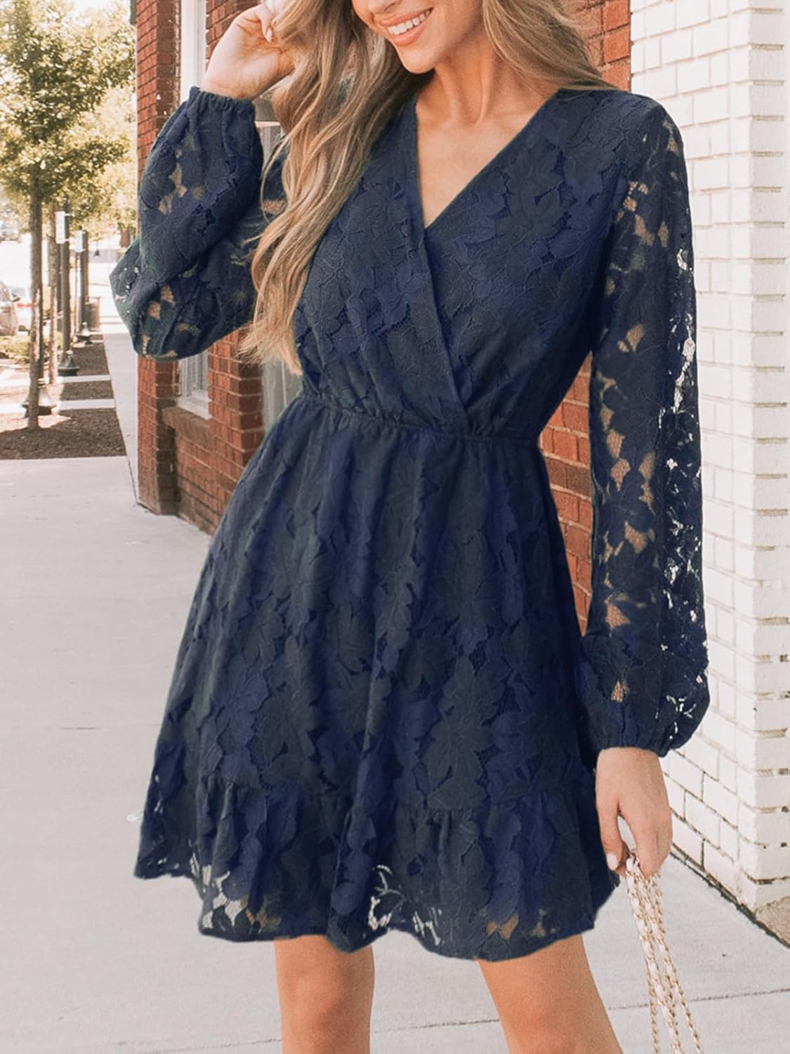 CUPSHE Women Elegant V Neck Lace Peasant Sleeve Mini Summer Dress Elastic High Waist A Line Casual Wedding Guest Dress - Image 6