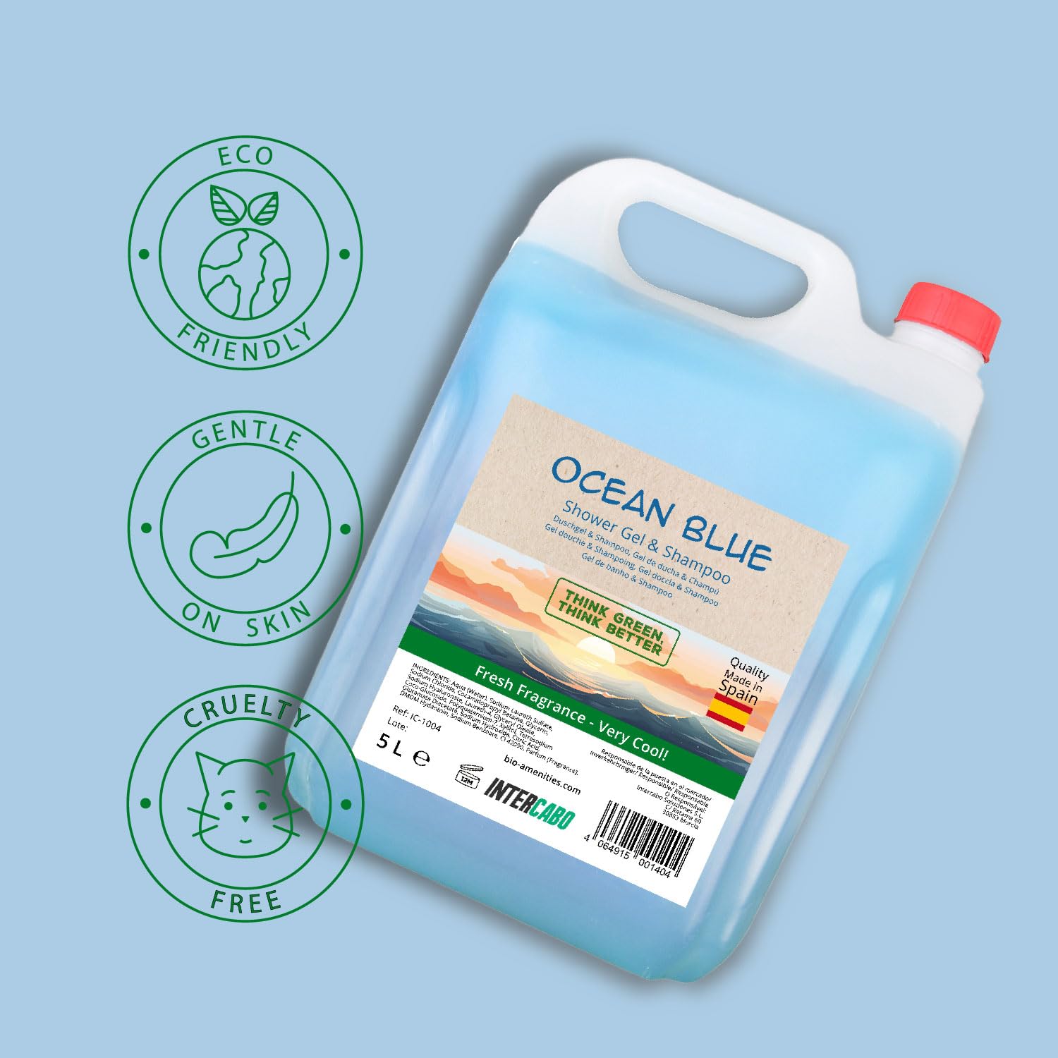 4 x 5 Liter Kanister Intercabo Duschgel & Shampoo 2in1 Ocean – Kombiprodukt zur Haar- und Körperpflege – pH-neutral – Nachfülllösung für Spender in Hotel, Spa, Gemeinschaftsdusche und Sporteinrichtung